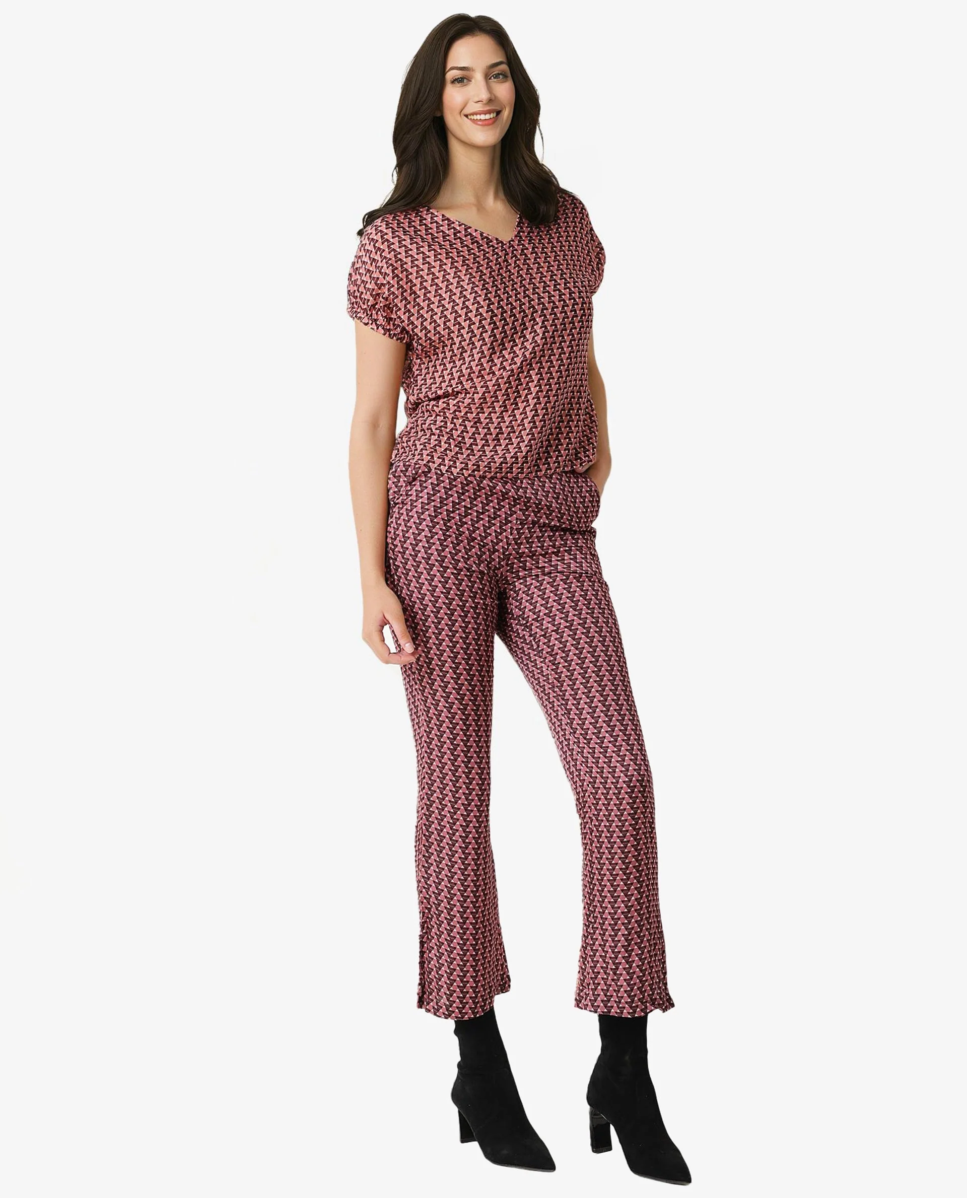 Rareism Women's Bea Maroon V-Neck Geometric Print Knee Length Tailored Top - Image 4