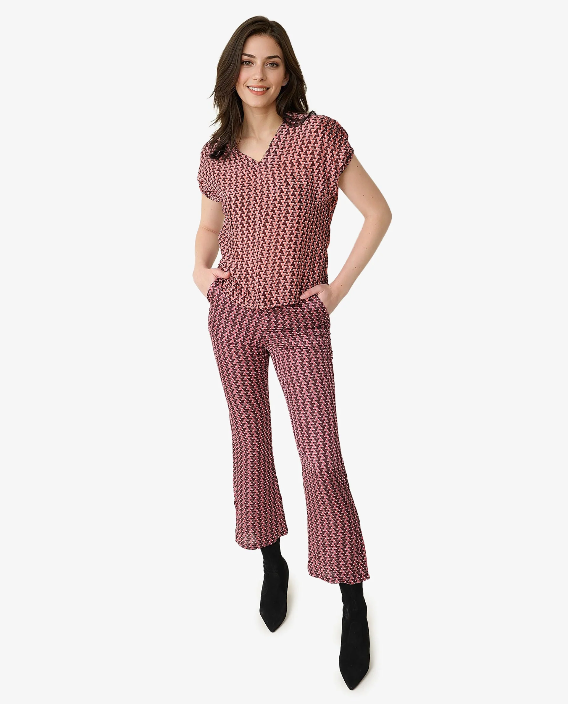 Rareism Women's Bea Maroon V-Neck Geometric Print Knee Length Tailored Top - Image 5
