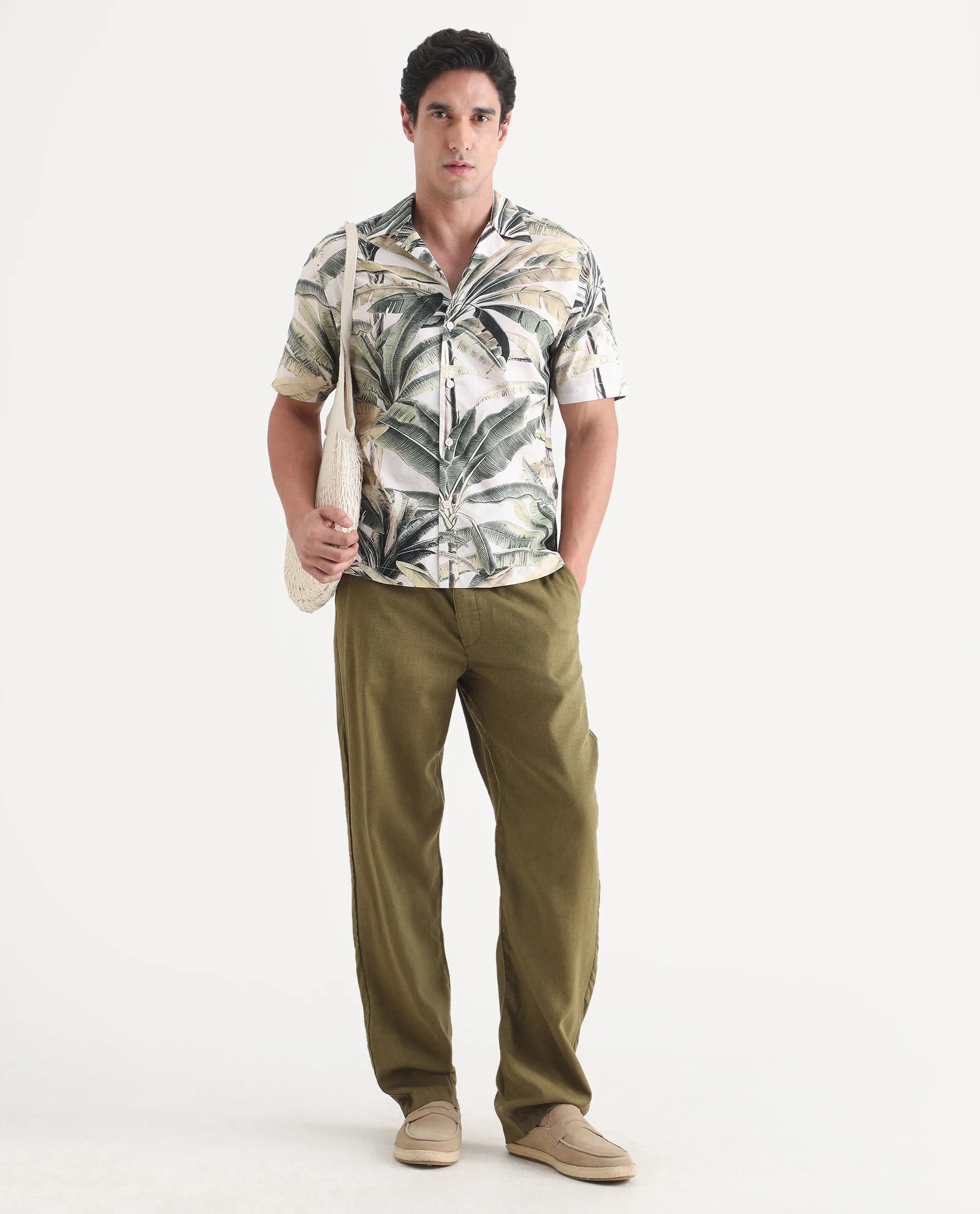 Rare Rabbit Men's Beau Beige Cotton Fabric Half Sleeve Cuban Collar Regular Fit Tropical Print Shirt - Image 2
