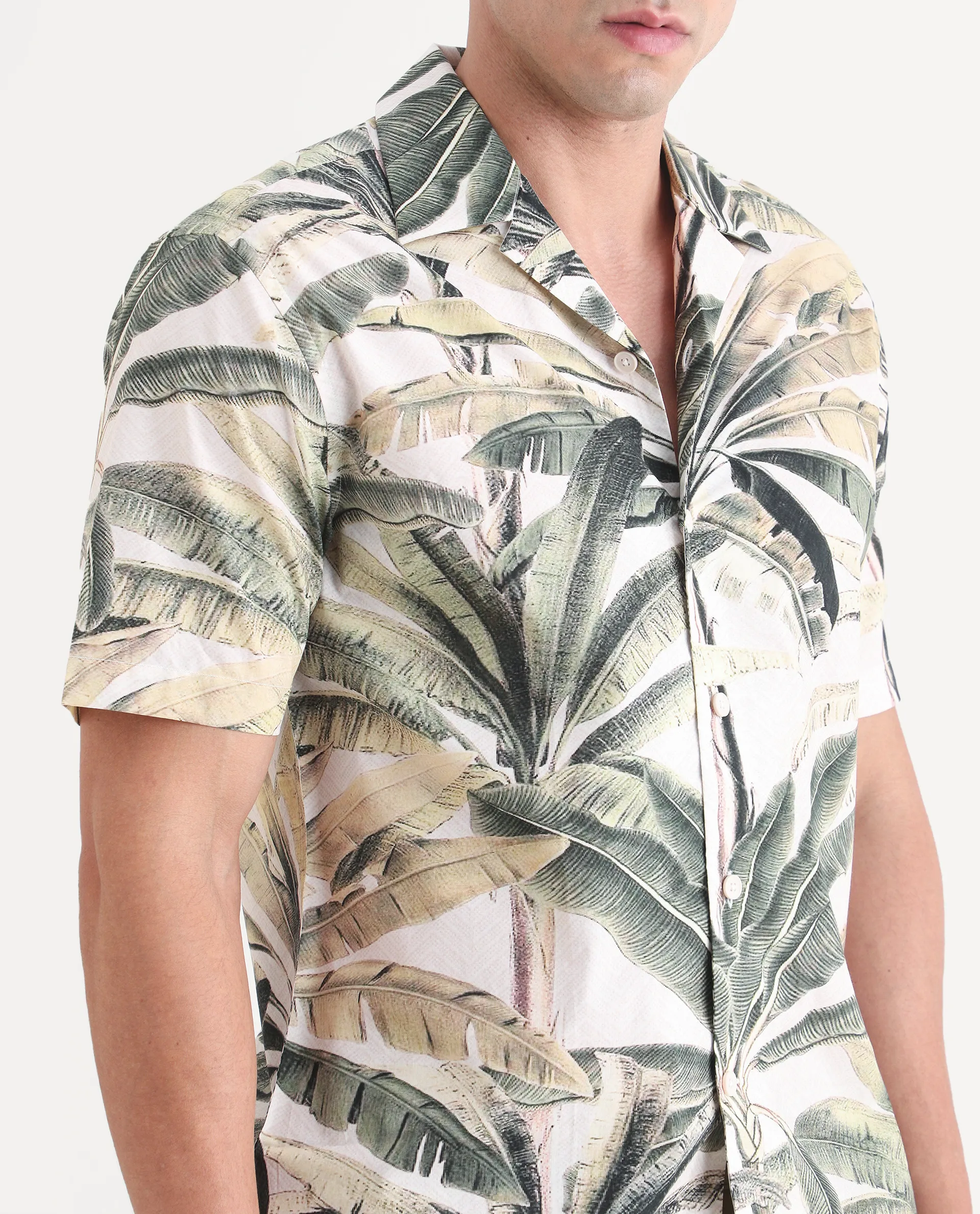 Rare Rabbit Men's Beau Beige Cotton Fabric Half Sleeve Cuban Collar Regular Fit Tropical Print Shirt - Image 3