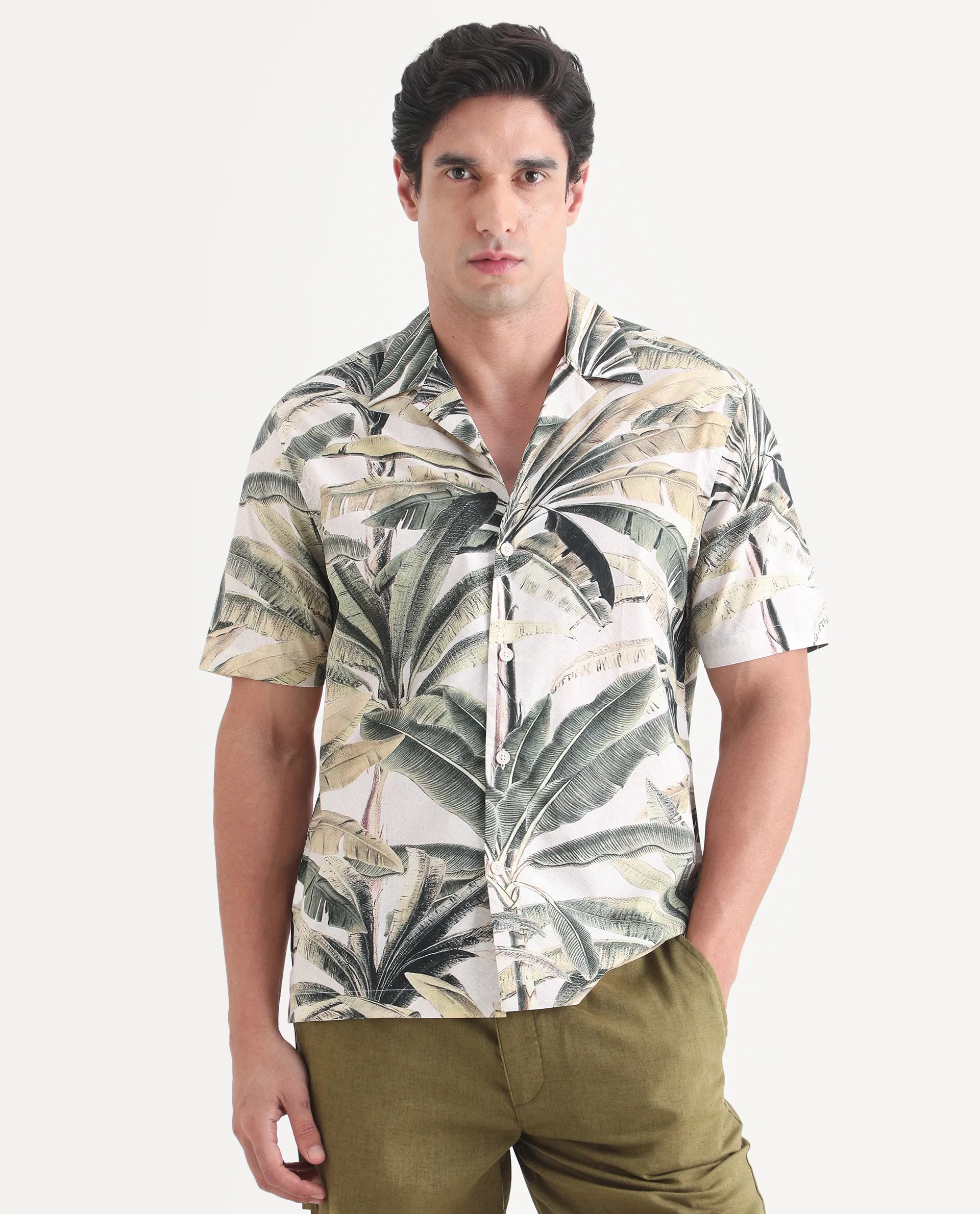 Rare Rabbit Men's Beau Beige Cotton Fabric Half Sleeve Cuban Collar Regular Fit Tropical Print Shirt - Image 4