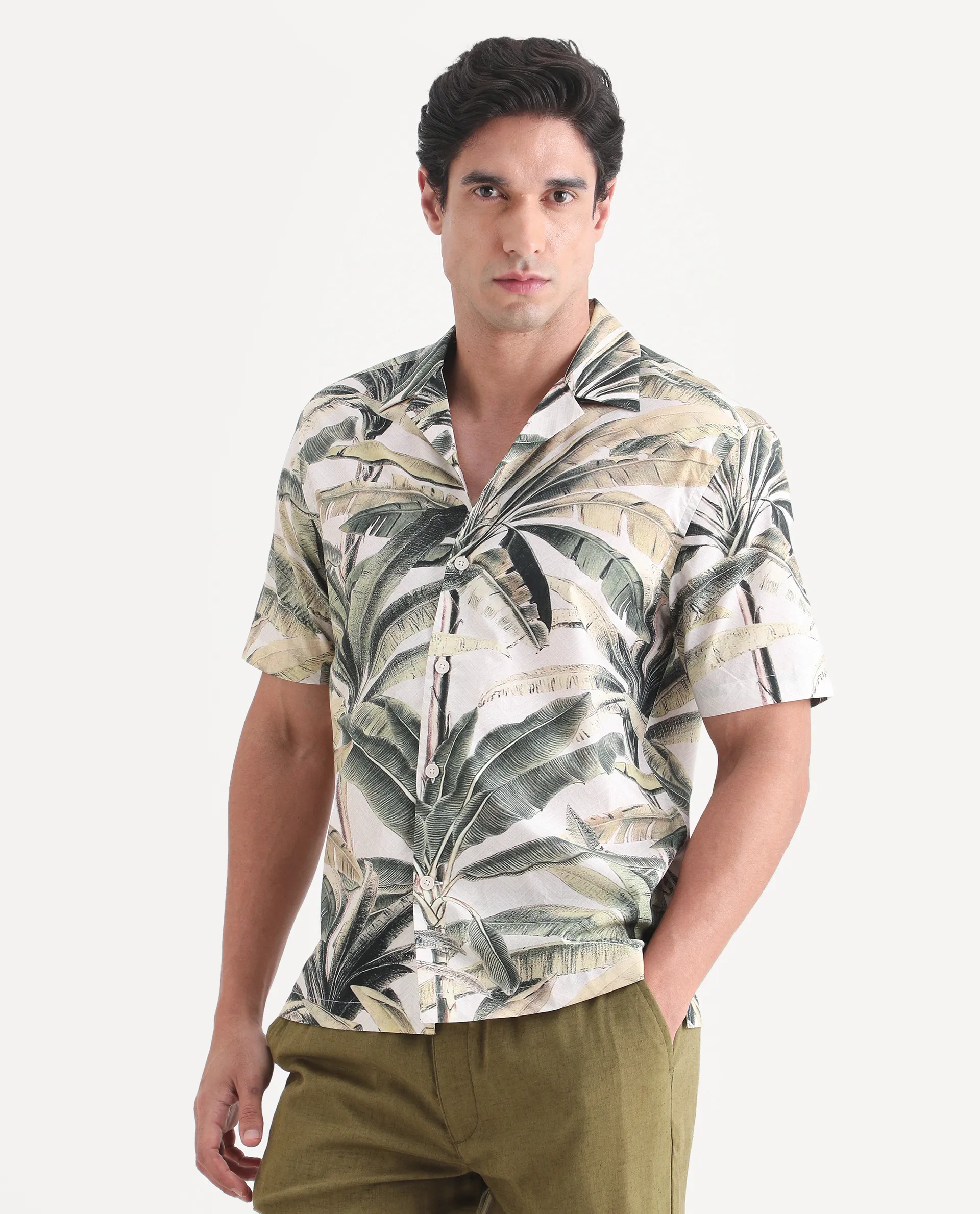 Rare Rabbit Men's Beau Beige Cotton Fabric Half Sleeve Cuban Collar Regular Fit Tropical Print Shirt - Image 5
