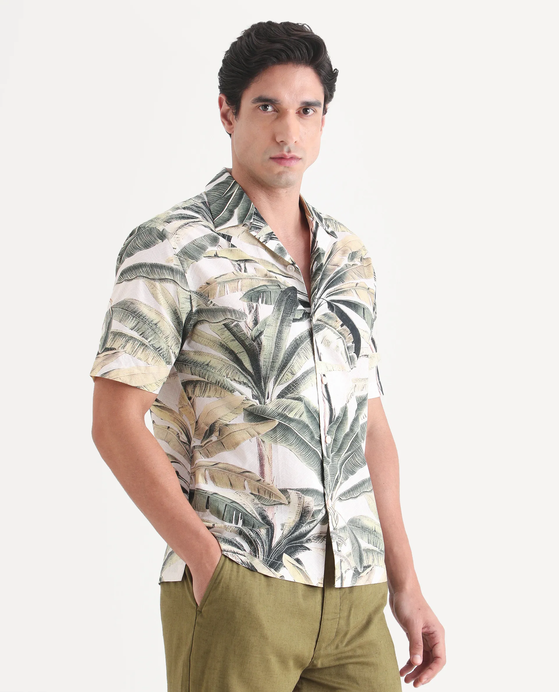 Rare Rabbit Men's Beau Beige Cotton Fabric Half Sleeve Cuban Collar Regular Fit Tropical Print Shirt - Image 6
