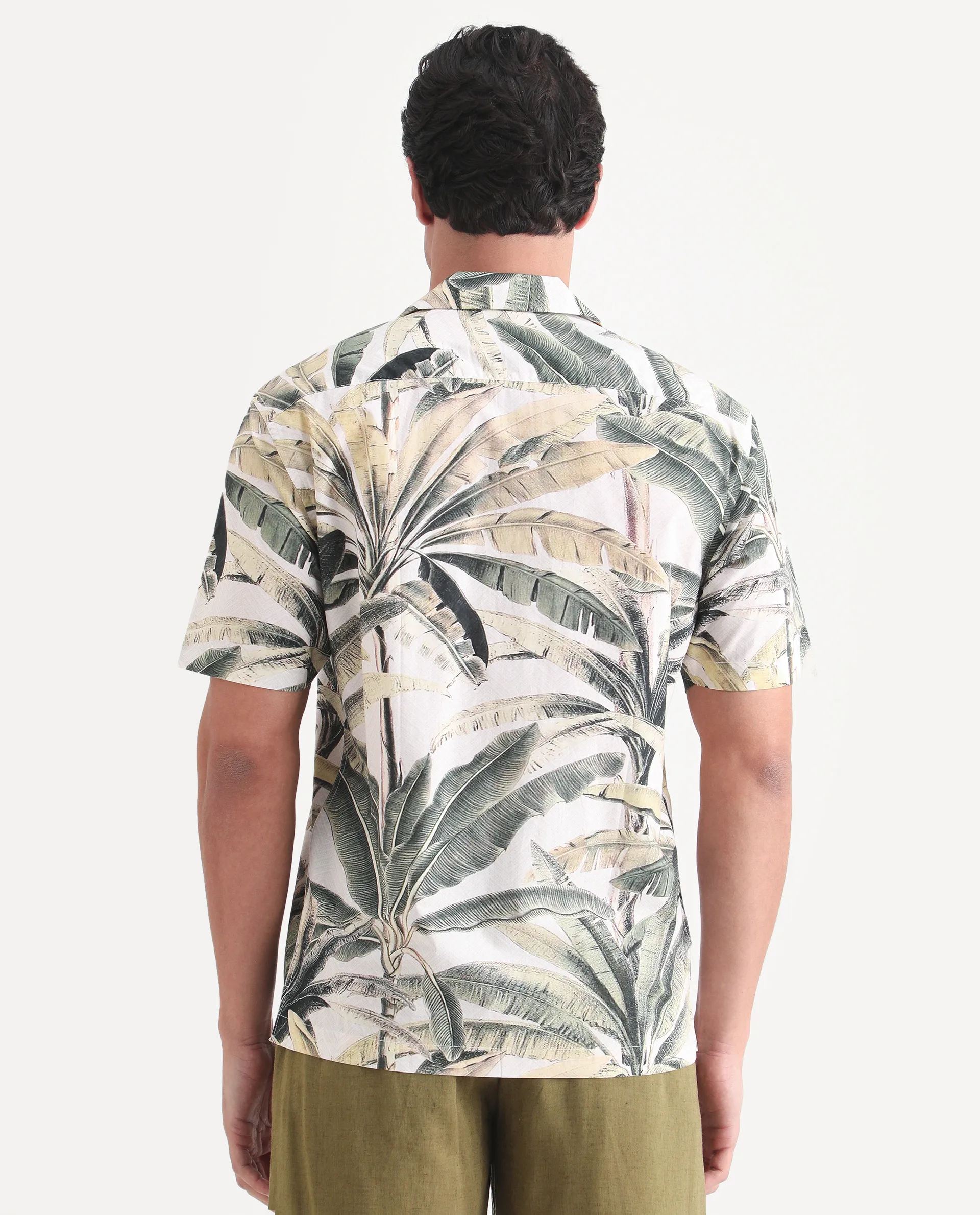 Rare Rabbit Men's Beau Beige Cotton Fabric Half Sleeve Cuban Collar Regular Fit Tropical Print Shirt - Image 7