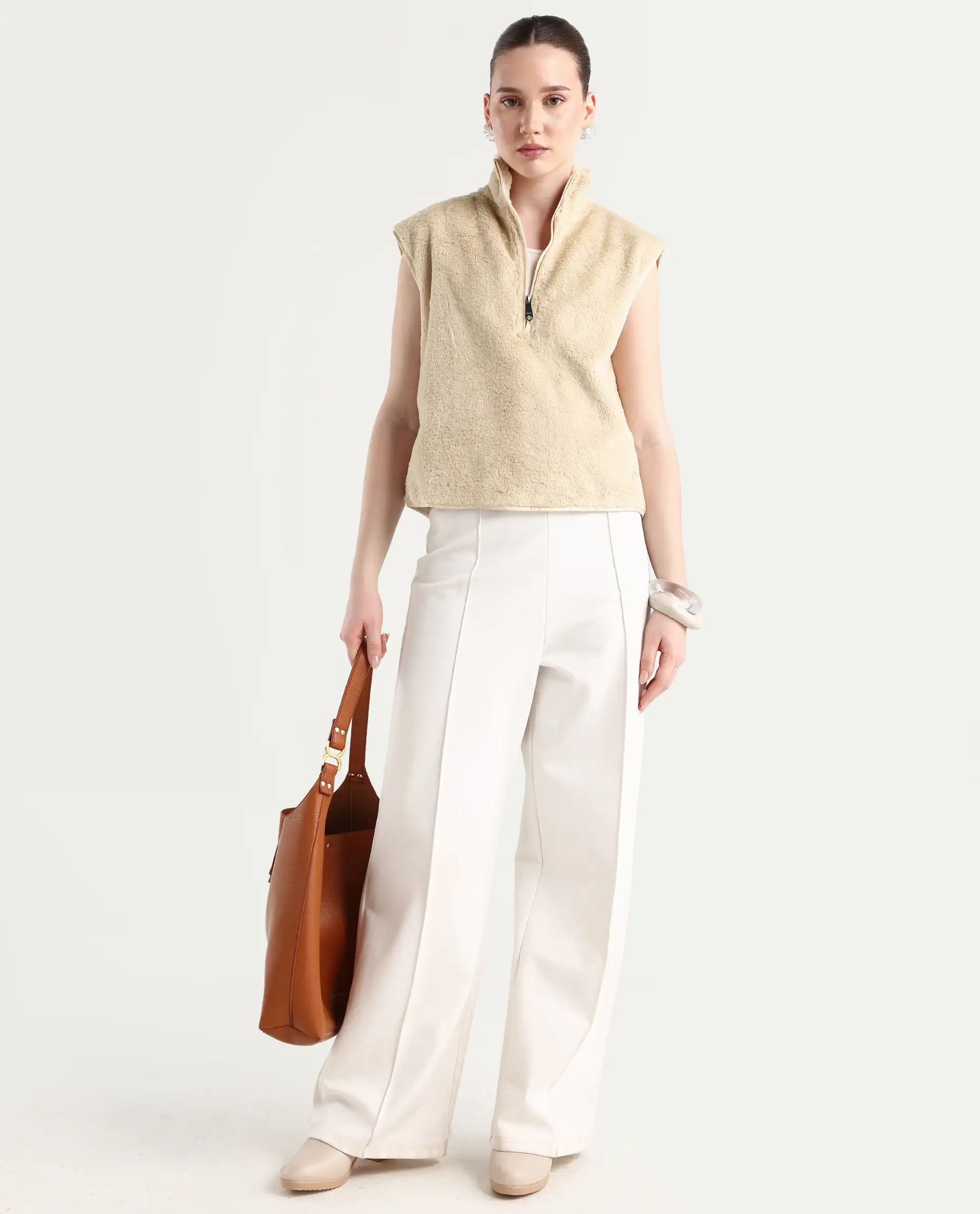 Rareism Women's Beauro Beige Polyester Drop Collar Plain Sleeveless Regular Fit Sweater - Image 2