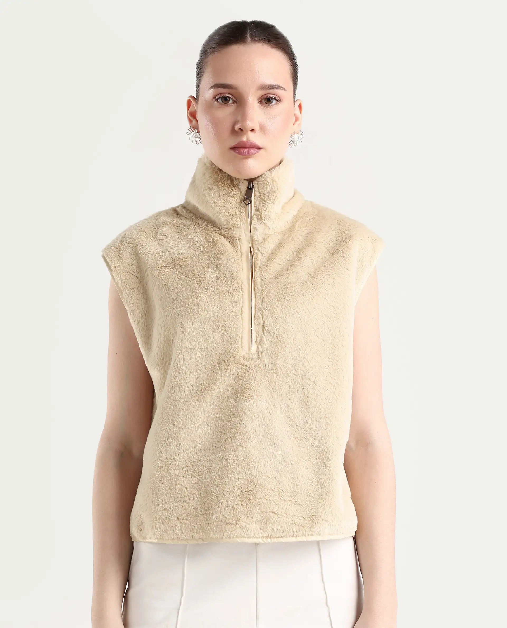 Rareism Women's Beauro Beige Polyester Drop Collar Plain Sleeveless Regular Fit Sweater - Image 3