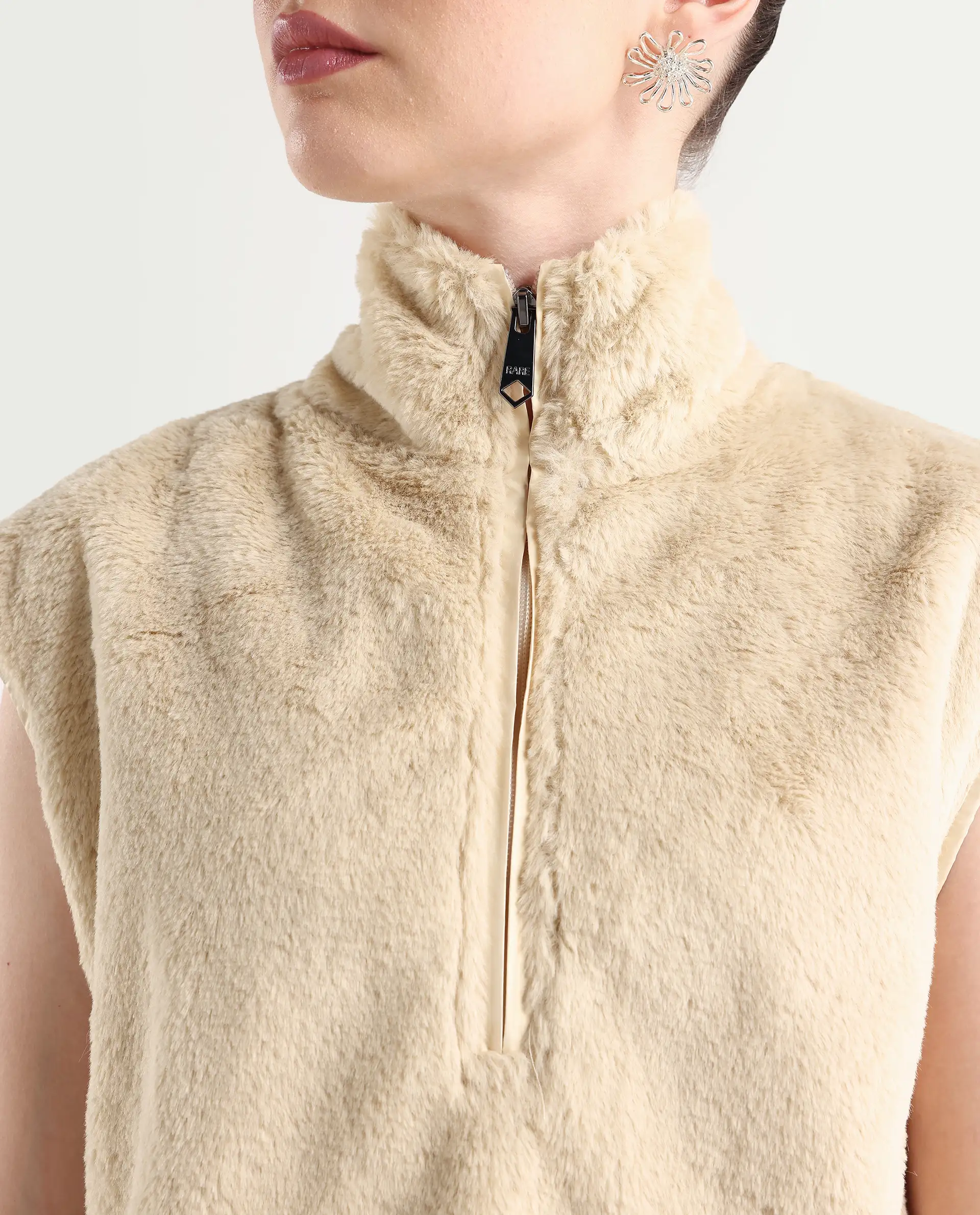 Rareism Women's Beauro Beige Polyester Drop Collar Plain Sleeveless Regular Fit Sweater - Image 4