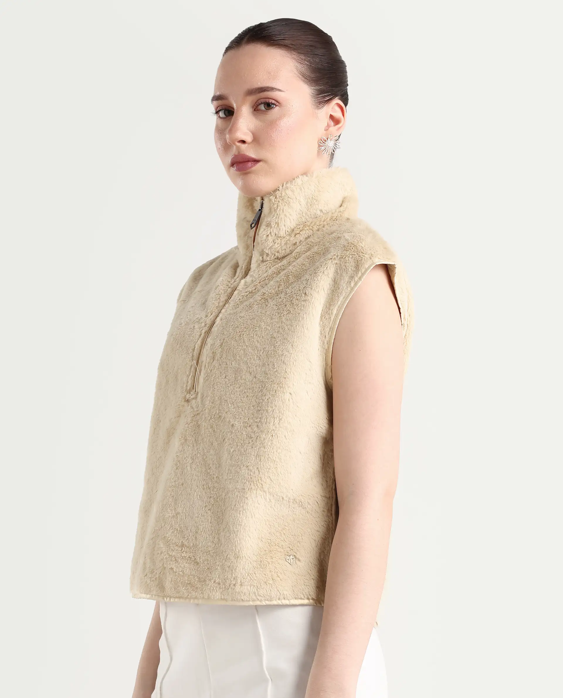 Rareism Women's Beauro Beige Polyester Drop Collar Plain Sleeveless Regular Fit Sweater - Image 5
