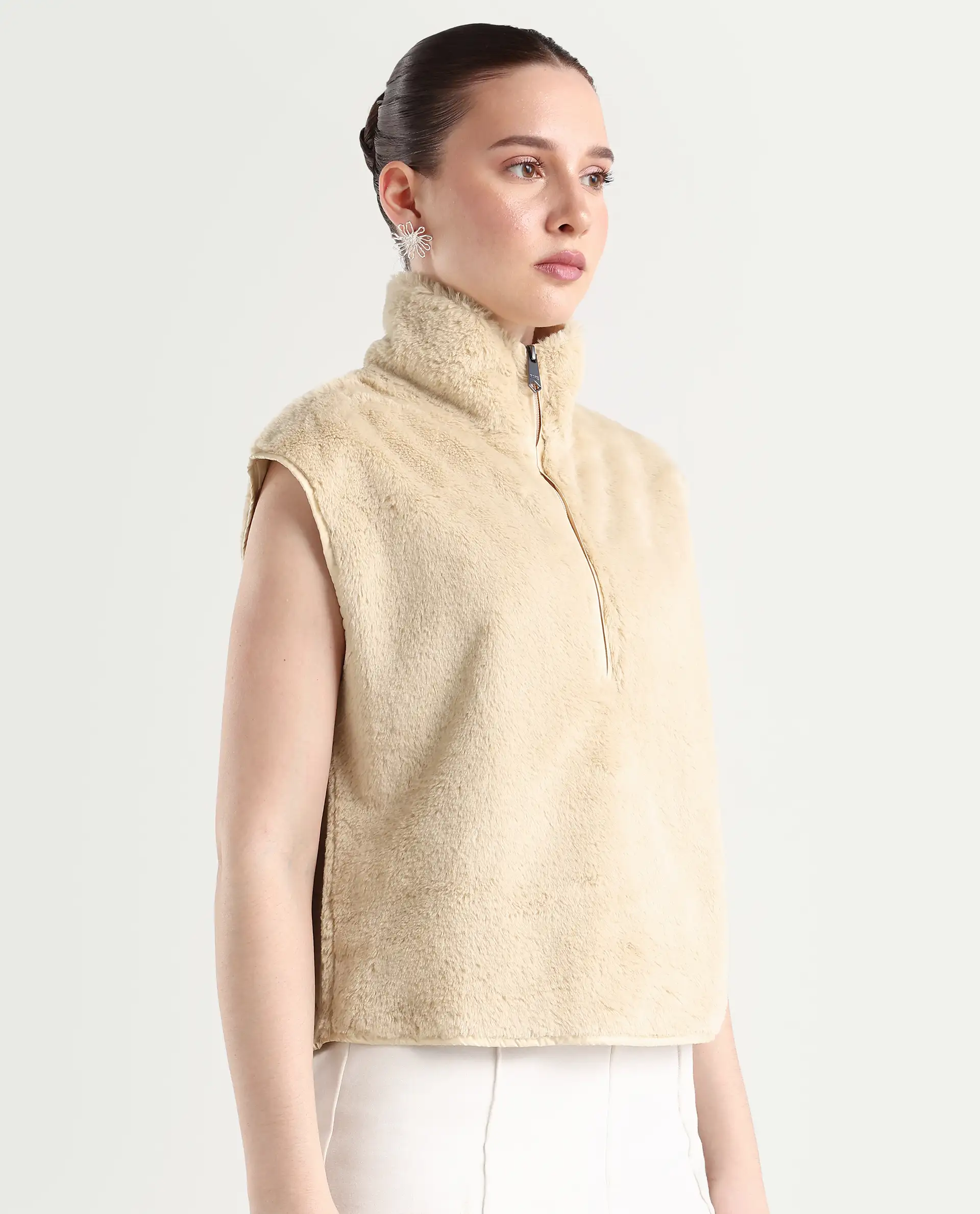 Rareism Women's Beauro Beige Polyester Drop Collar Plain Sleeveless Regular Fit Sweater - Image 6