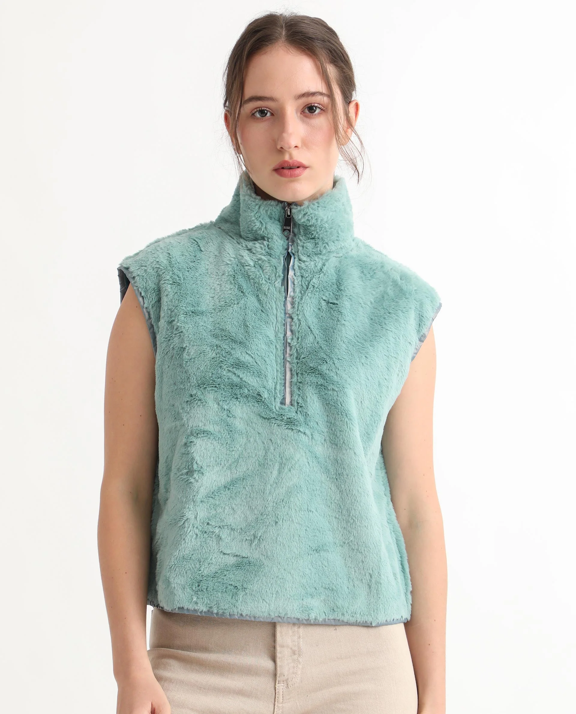 Rareism Women's Beauro Green Polyester Drop Collar Plain Sleeveless Regular Fit Sweater - Image 4