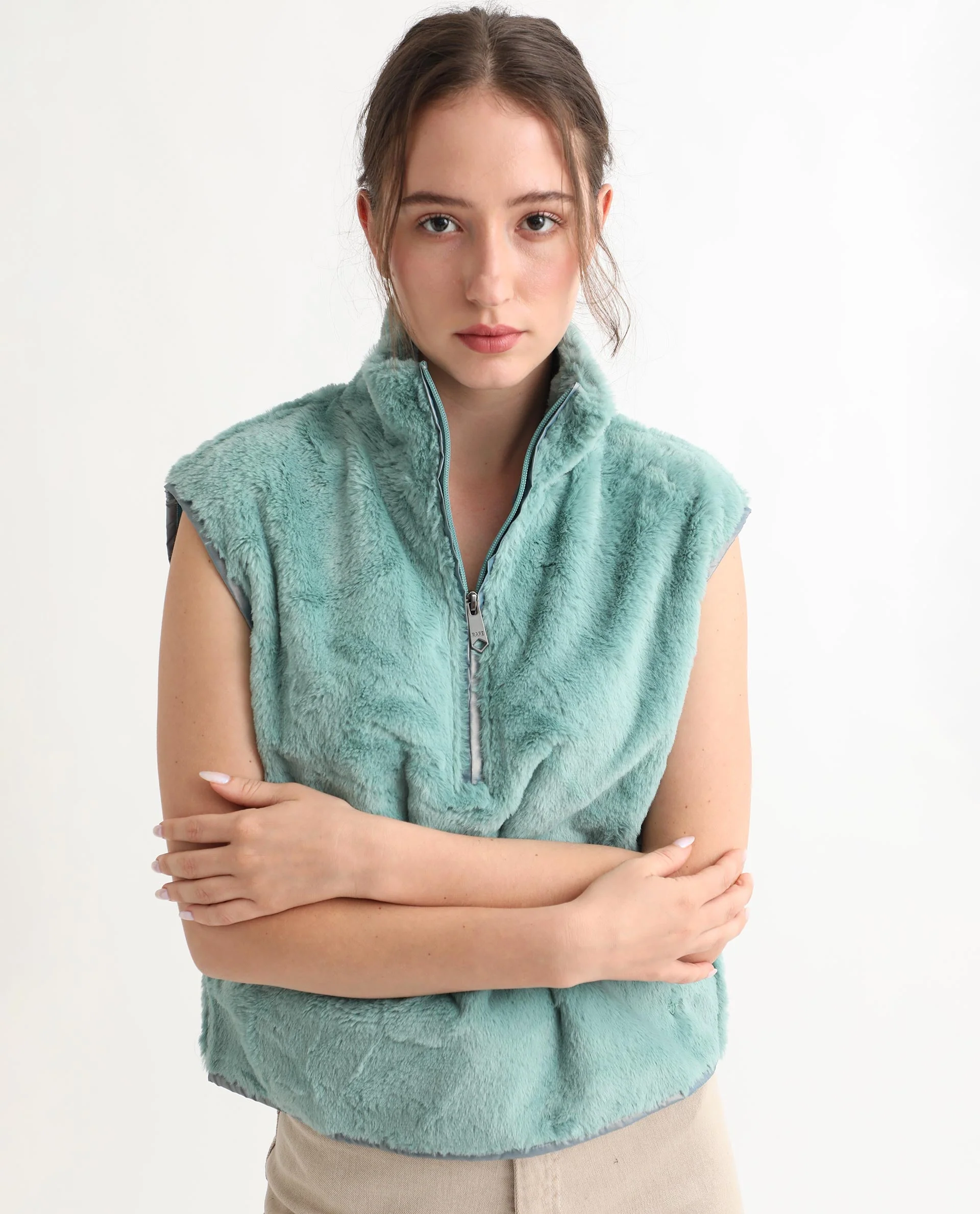 Rareism Women's Beauro Green Polyester Drop Collar Plain Sleeveless Regular Fit Sweater - Image 6