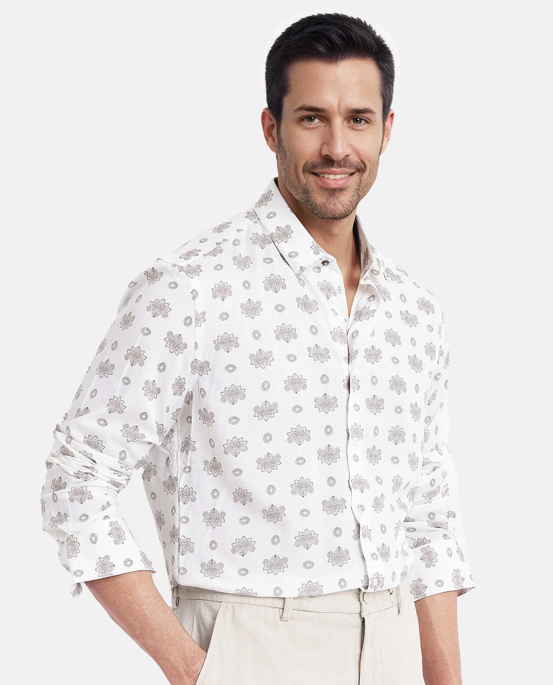 Rare Rabbit Men's Beau White Viscose Floral Print Regular Fit Full Sleeve Collared Shirt - Image 7