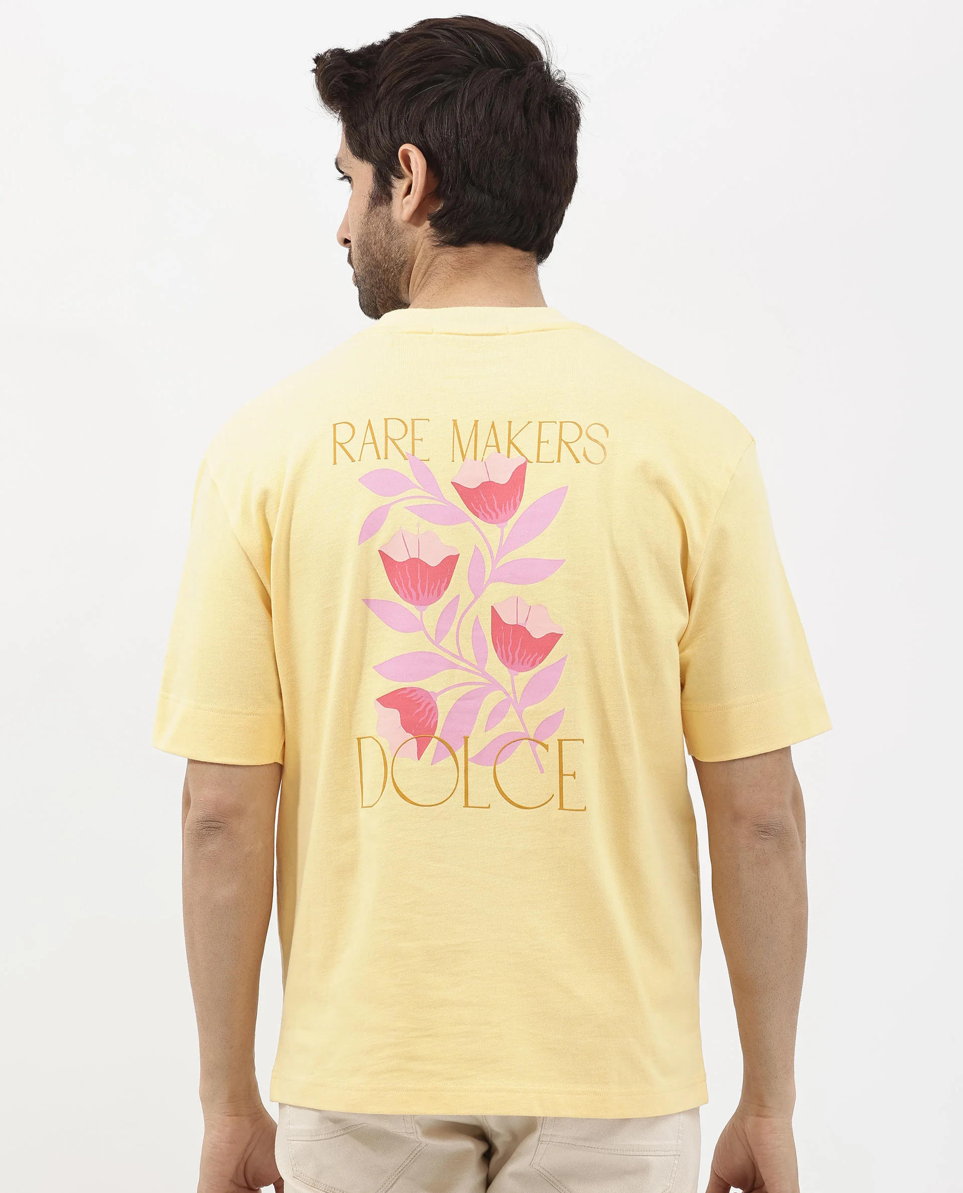 Rare Rabbit Articale Mens Beck Dusky Yellow Cotton Fabric Short Sleeve Crew Neck Oversized Fit Graphic Printed T-Shirt - Image 3