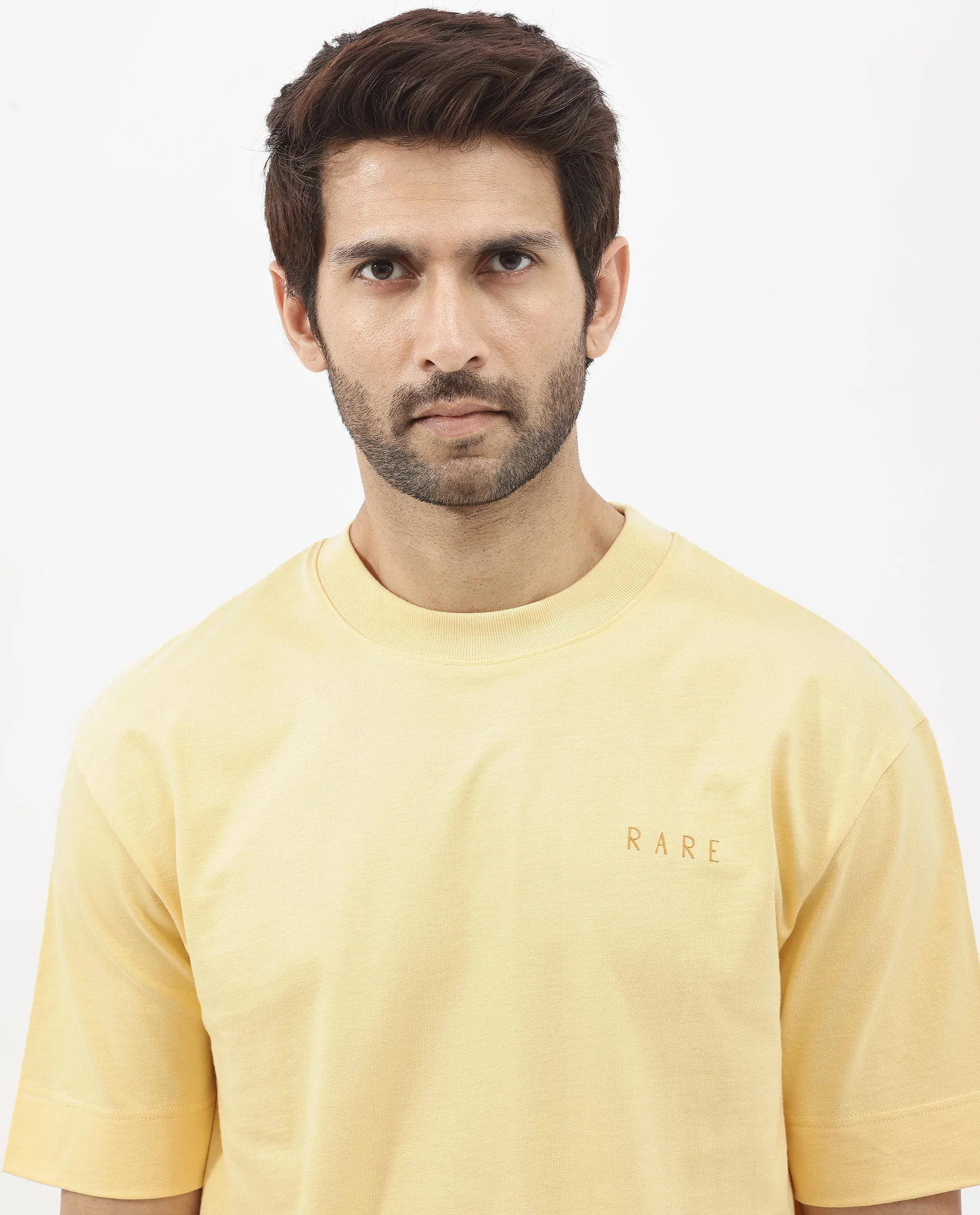 Rare Rabbit Articale Mens Beck Dusky Yellow Cotton Fabric Short Sleeve Crew Neck Oversized Fit Graphic Printed T-Shirt - Image 4