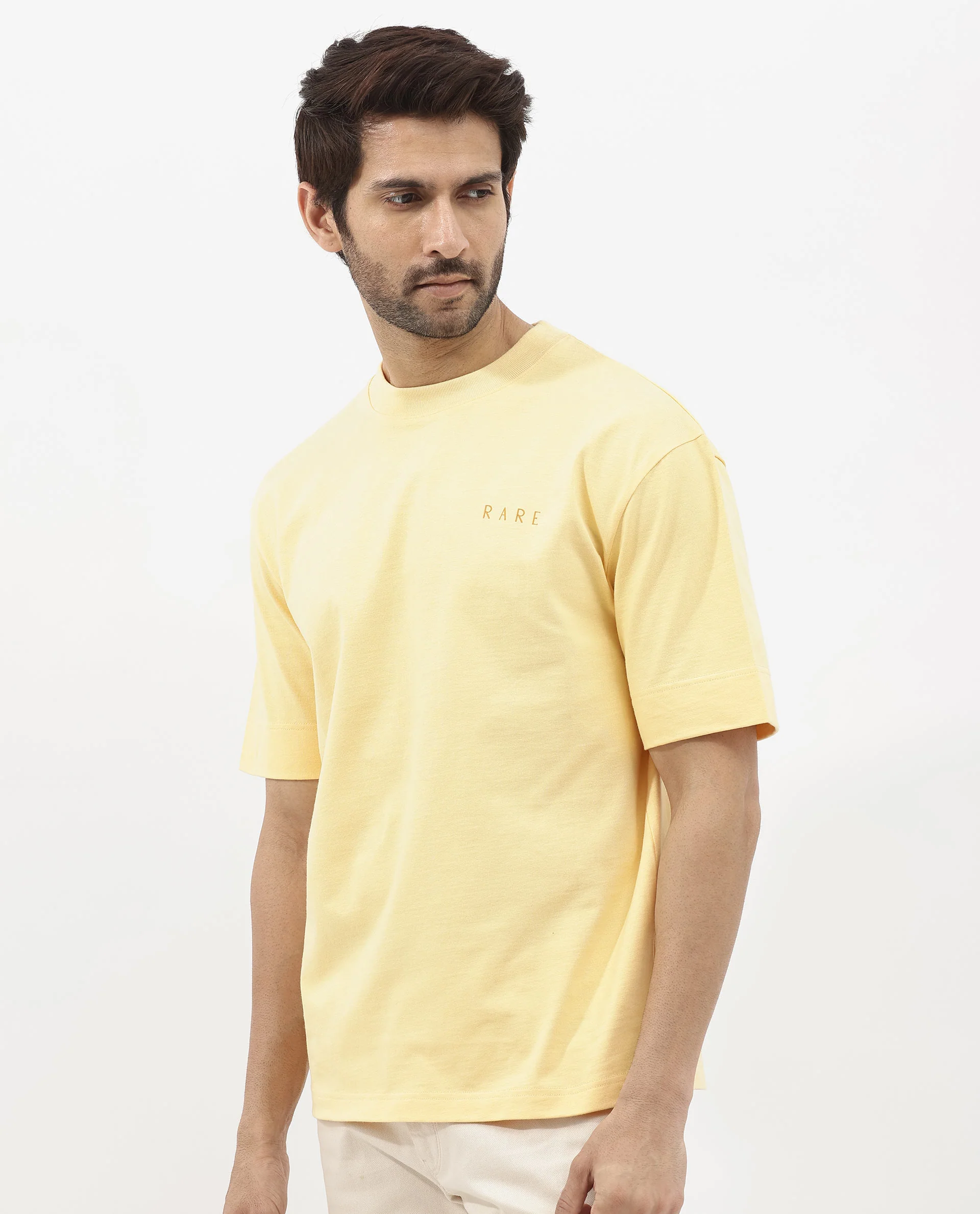 Rare Rabbit Articale Mens Beck Dusky Yellow Cotton Fabric Short Sleeve Crew Neck Oversized Fit Graphic Printed T-Shirt - Image 6