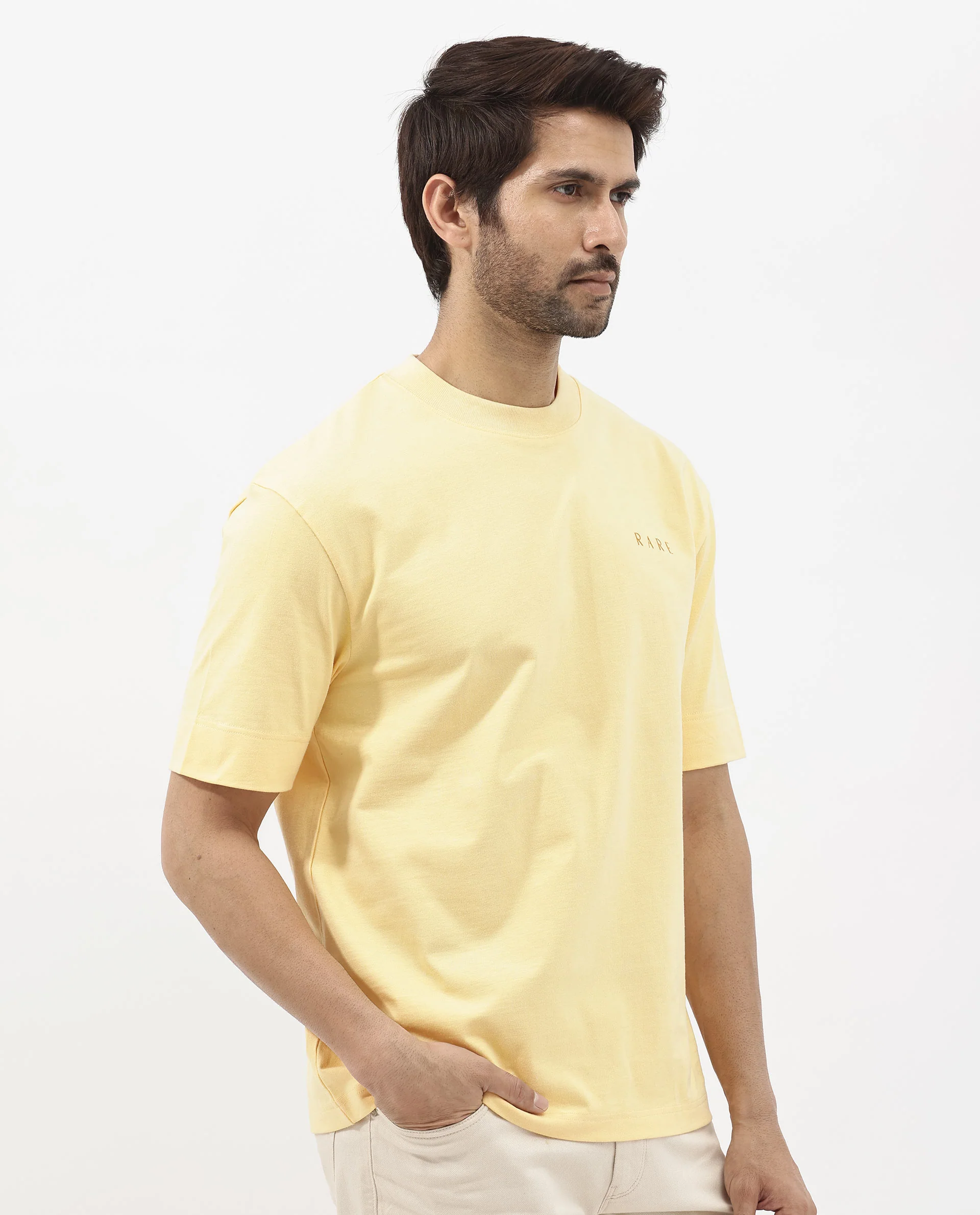 Rare Rabbit Articale Mens Beck Dusky Yellow Cotton Fabric Short Sleeve Crew Neck Oversized Fit Graphic Printed T-Shirt - Image 7