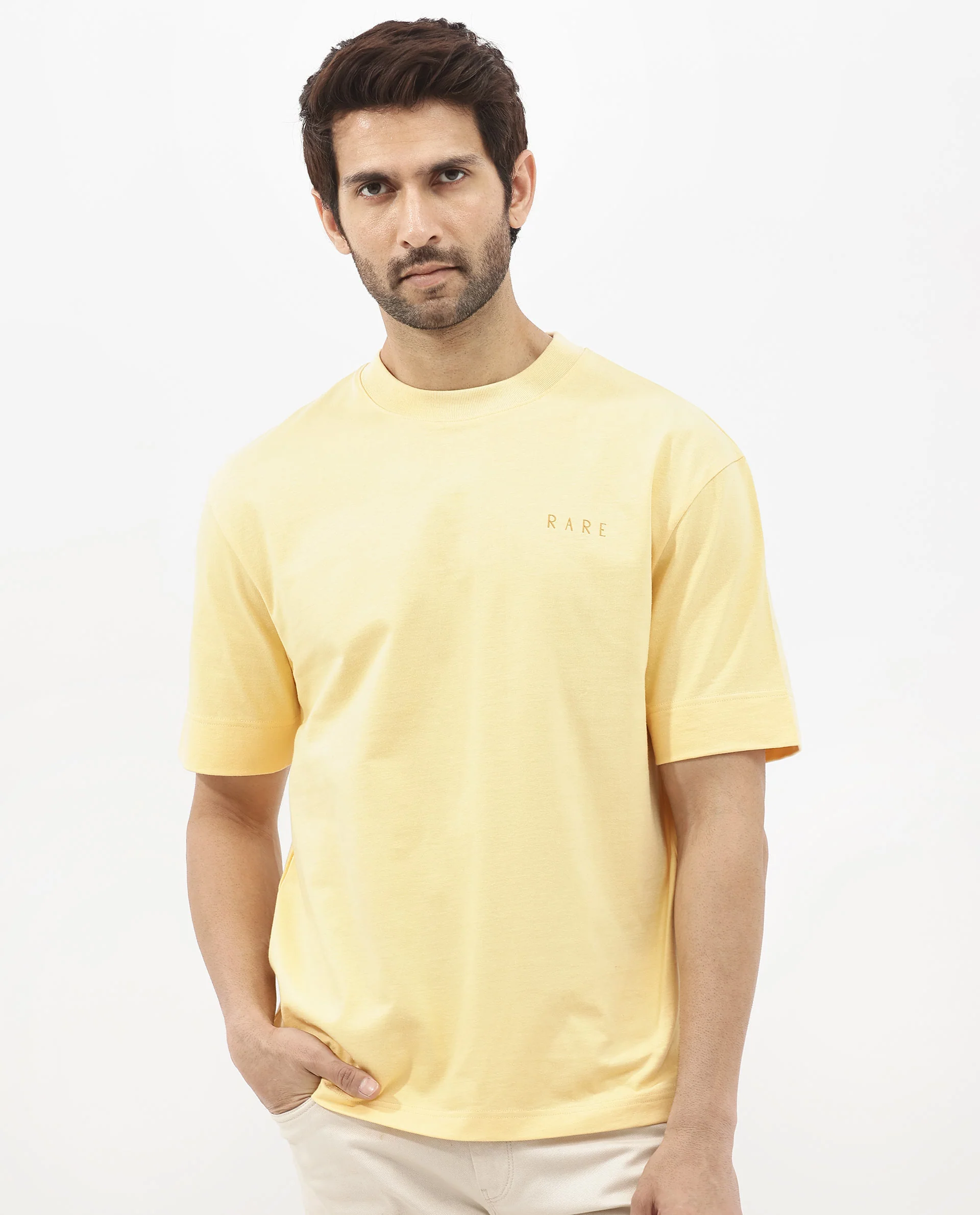Rare Rabbit Articale Mens Beck Dusky Yellow Cotton Fabric Short Sleeve Crew Neck Oversized Fit Graphic Printed T-Shirt - Image 8