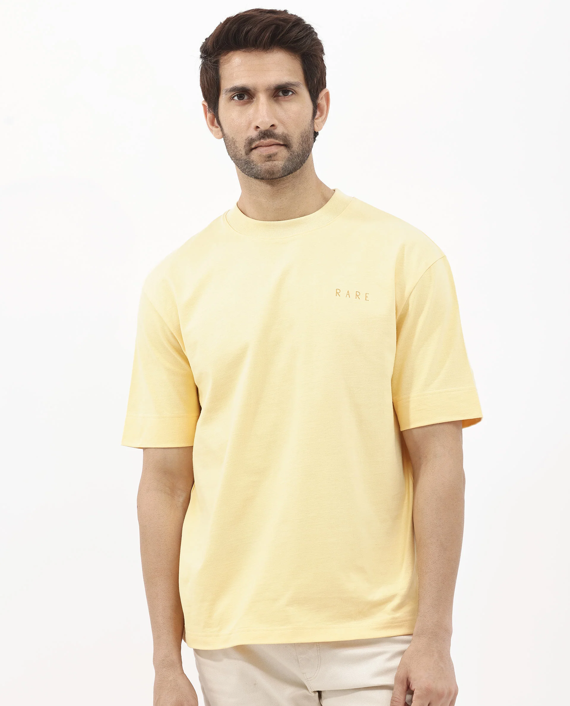 Rare Rabbit Articale Mens Beck Dusky Yellow Cotton Fabric Short Sleeve Crew Neck Oversized Fit Graphic Printed T-Shirt - Image 9
