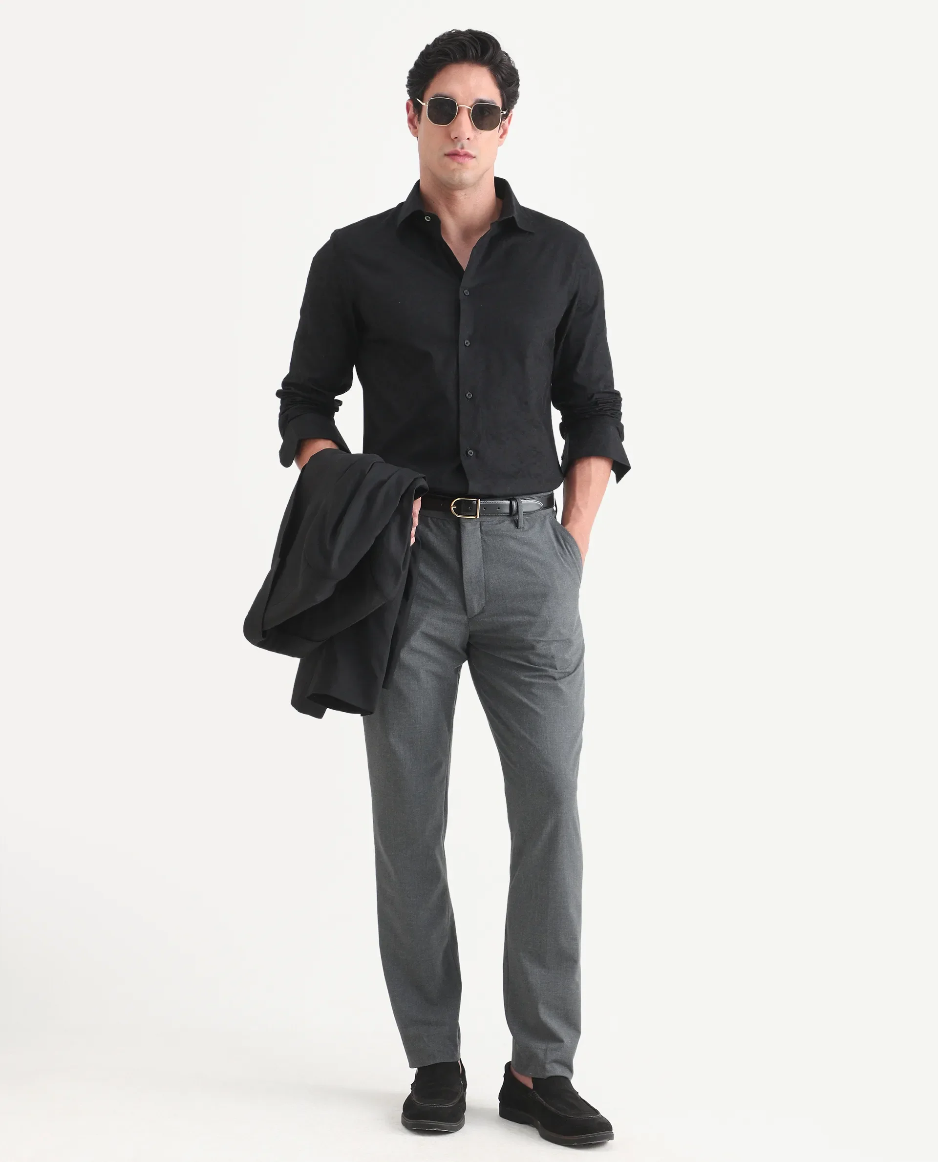 Rare Rabbit Men's Bedale Black Cotton Fabric Spread Collar Regular Fit Jacquard Shirt - Image 2