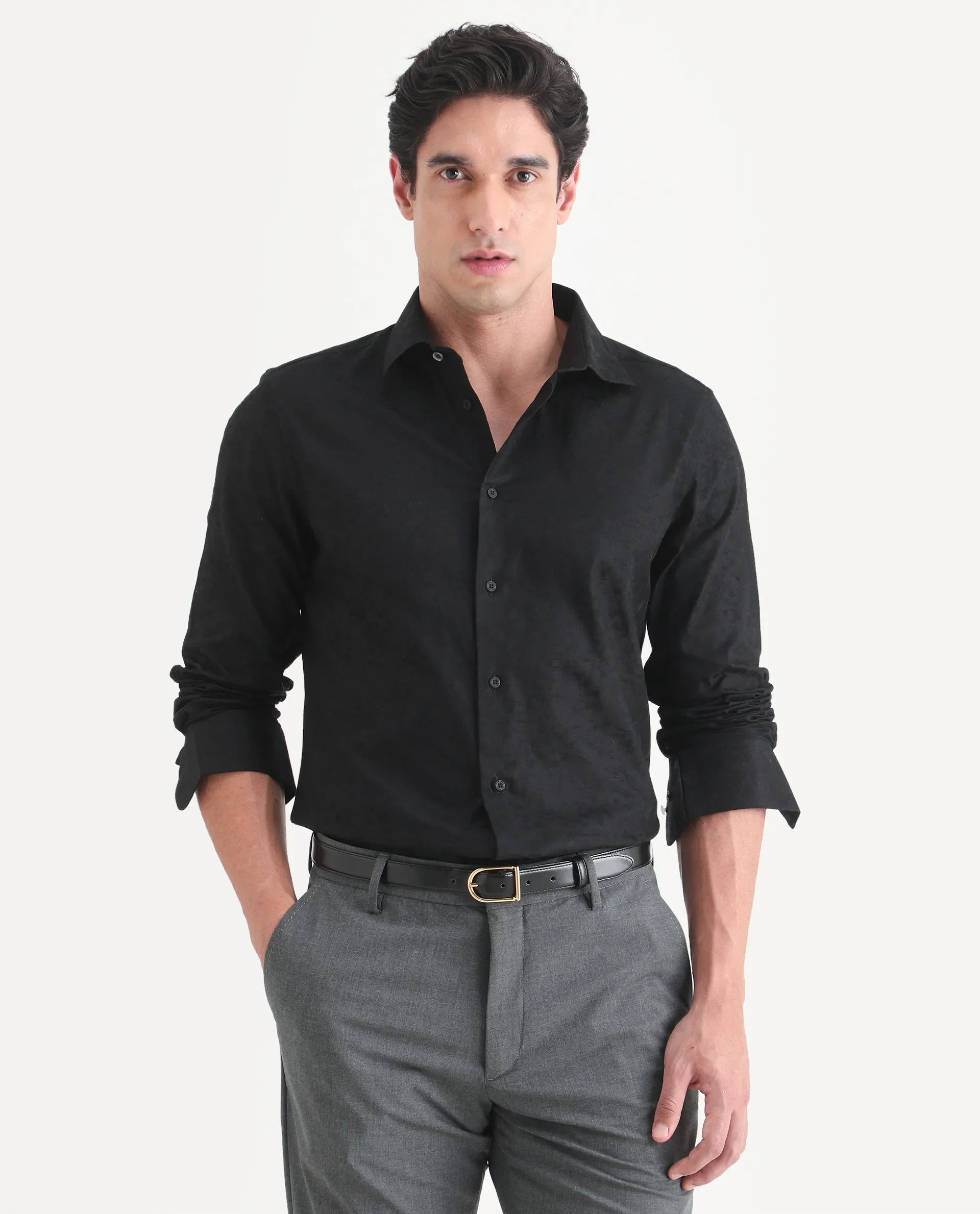 Rare Rabbit Men's Bedale Black Cotton Fabric Spread Collar Regular Fit Jacquard Shirt - Image 4