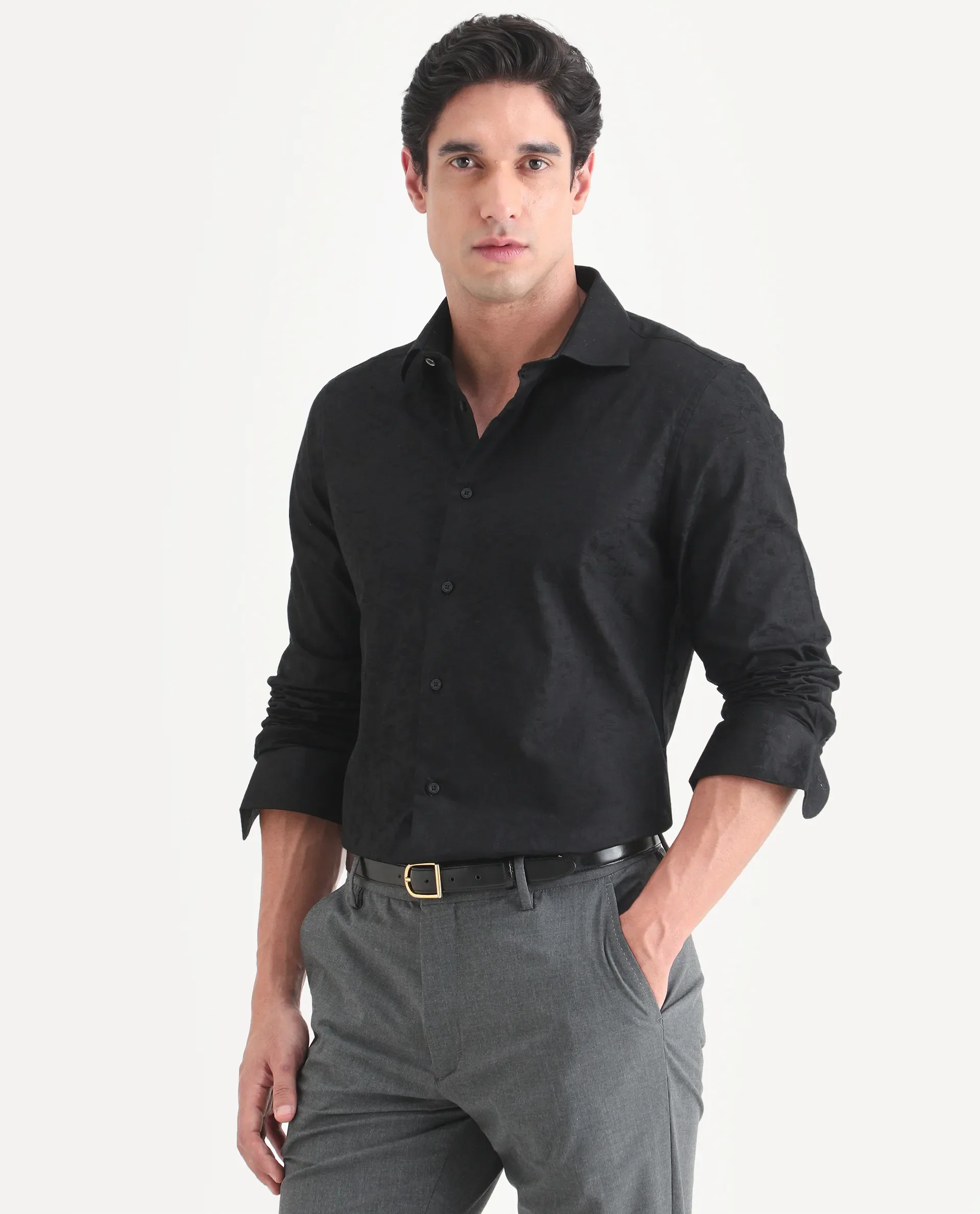 Rare Rabbit Men's Bedale Black Cotton Fabric Spread Collar Regular Fit Jacquard Shirt - Image 5