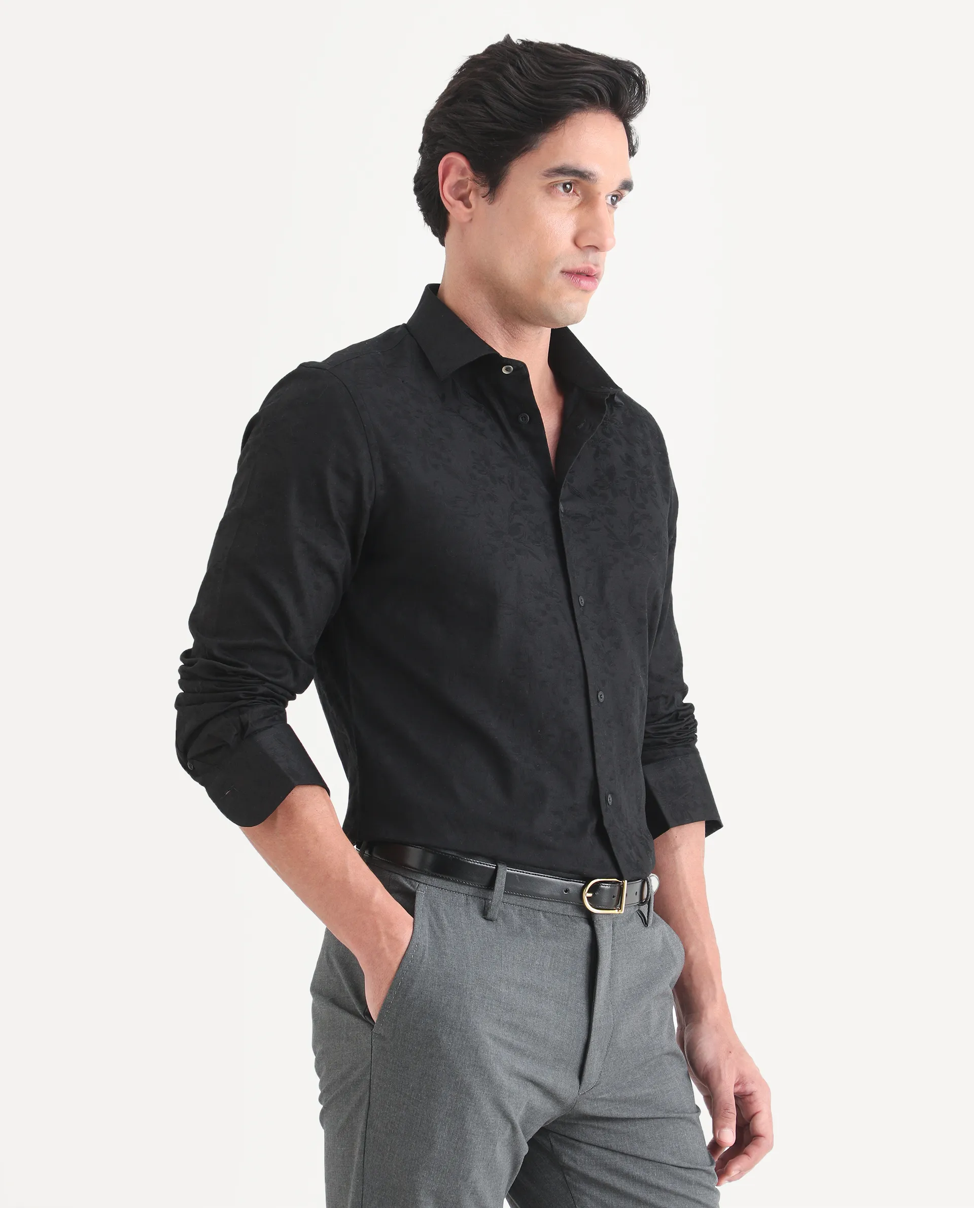 Rare Rabbit Men's Bedale Black Cotton Fabric Spread Collar Regular Fit Jacquard Shirt - Image 6