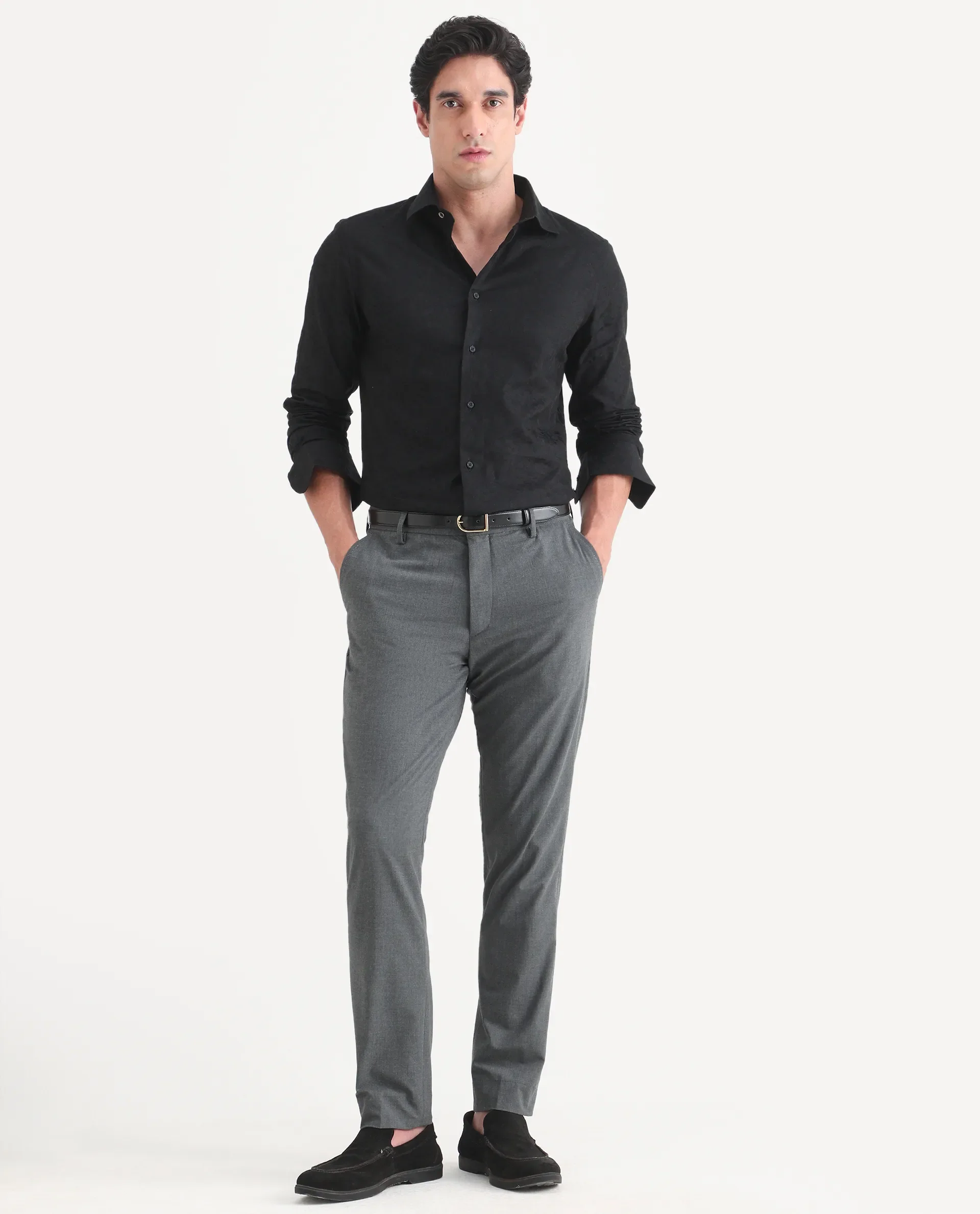 Rare Rabbit Men's Bedale Black Cotton Fabric Spread Collar Regular Fit Jacquard Shirt - Image 7