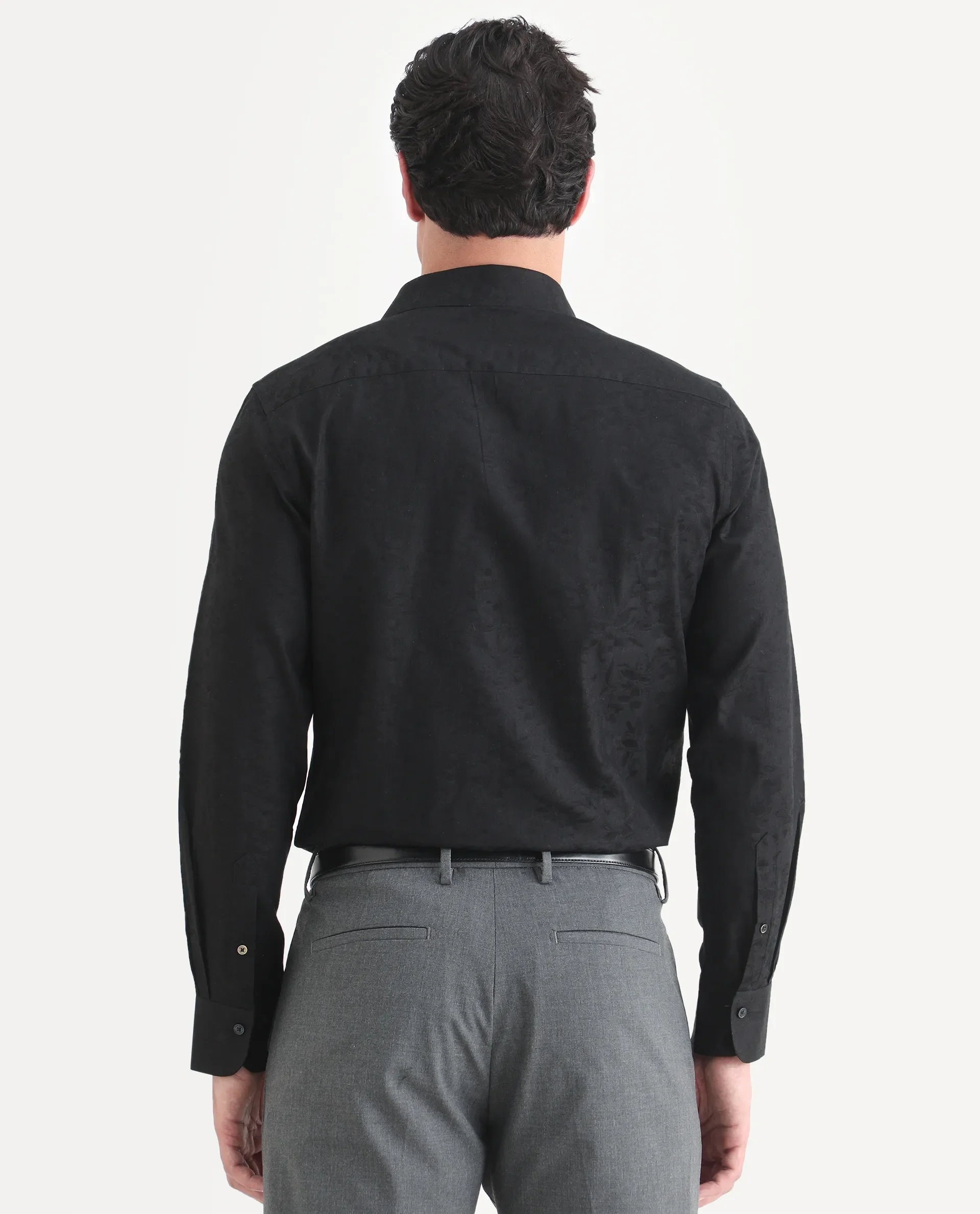Rare Rabbit Men's Bedale Black Cotton Fabric Spread Collar Regular Fit Jacquard Shirt - Image 8