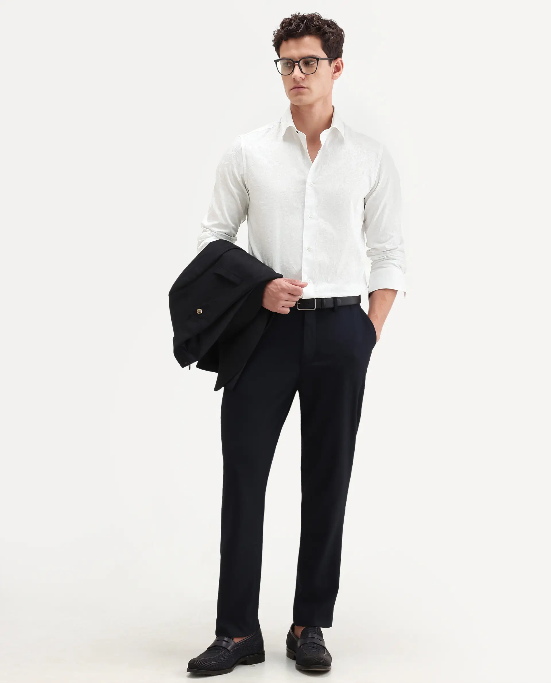 Rare Rabbit Men's Bedale White Cotton Fabric Spread Collar Regular Fit Jacquard Shirt - Image 2