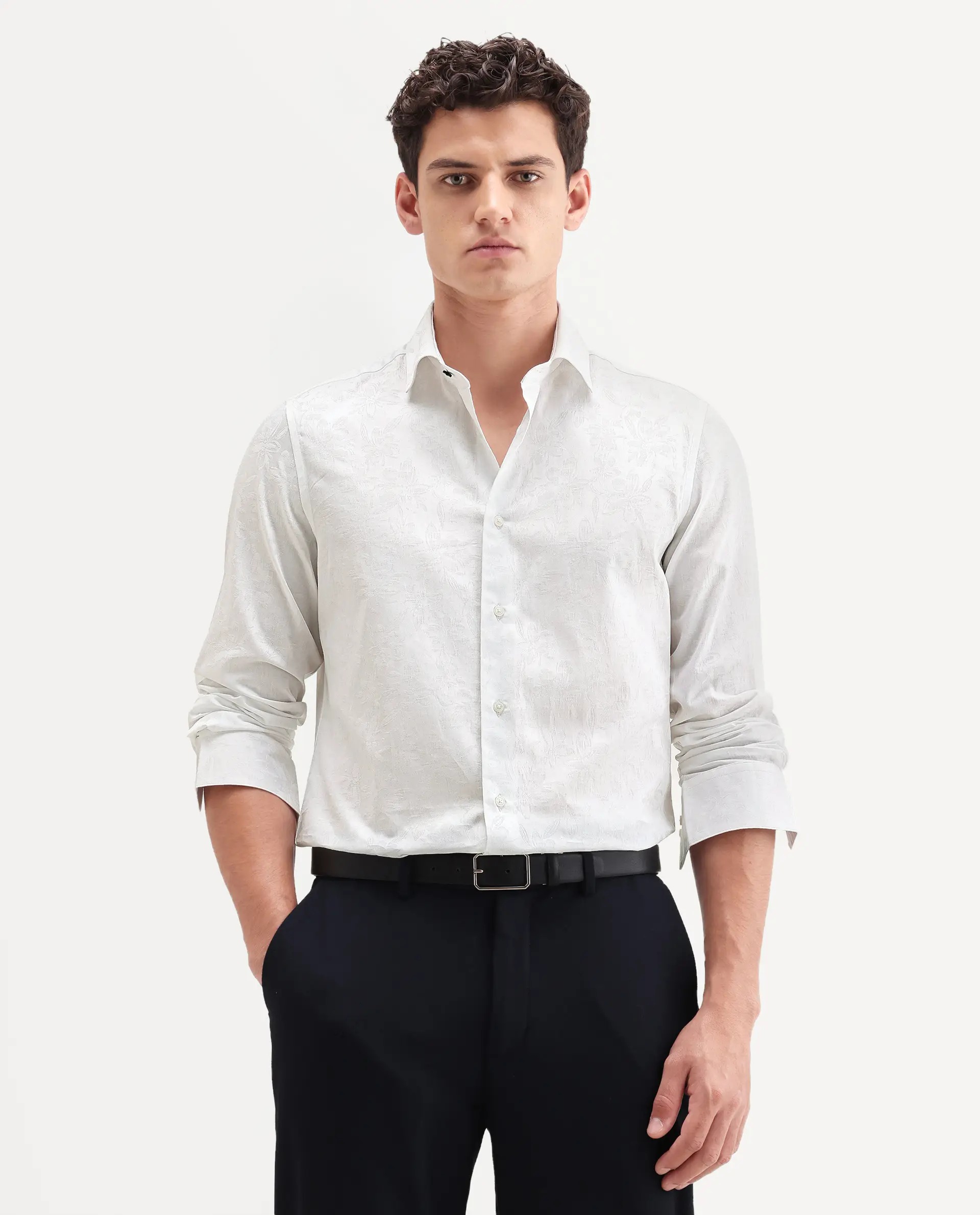 Rare Rabbit Men's Bedale White Cotton Fabric Spread Collar Regular Fit Jacquard Shirt - Image 5