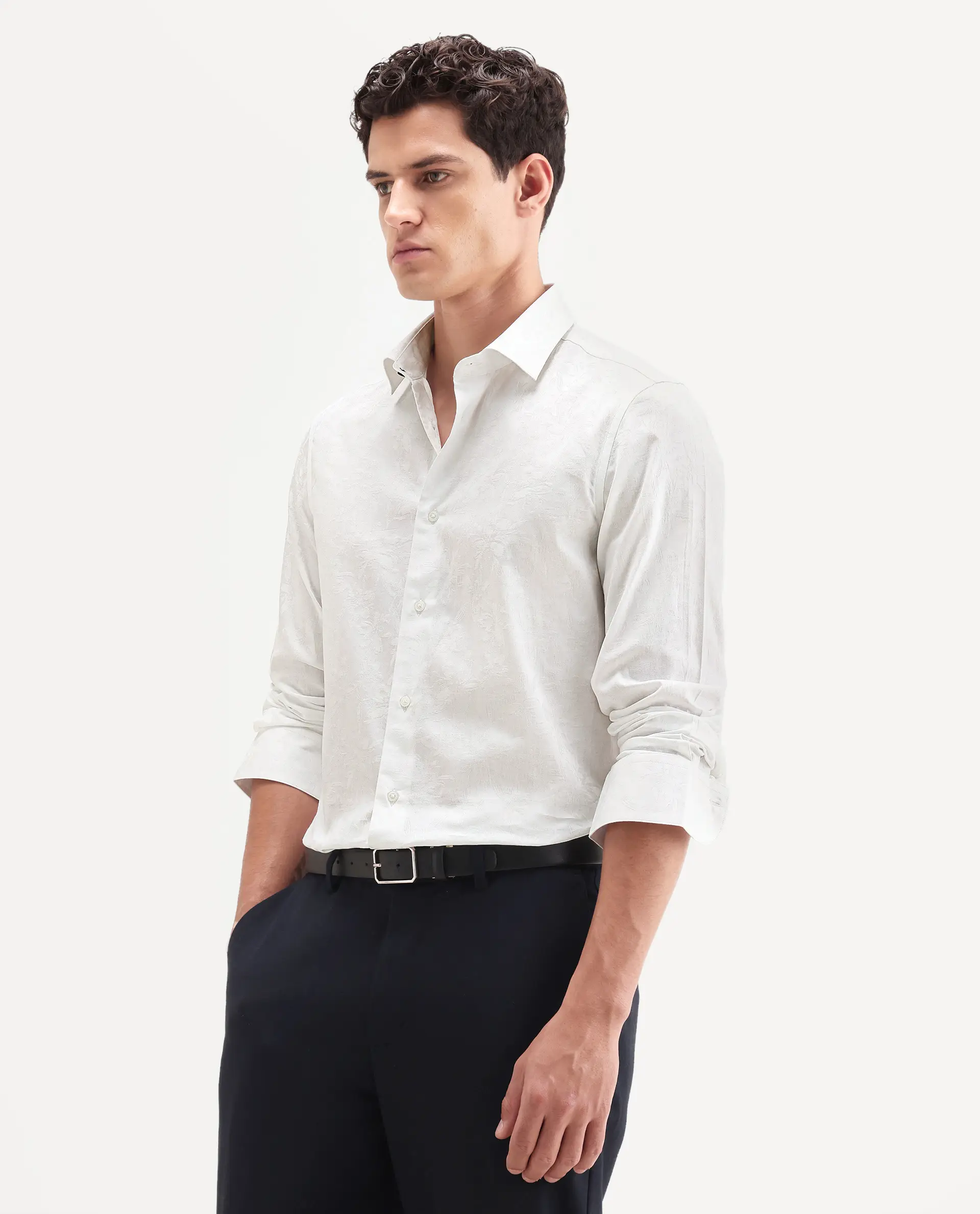 Rare Rabbit Men's Bedale White Cotton Fabric Spread Collar Regular Fit Jacquard Shirt - Image 6