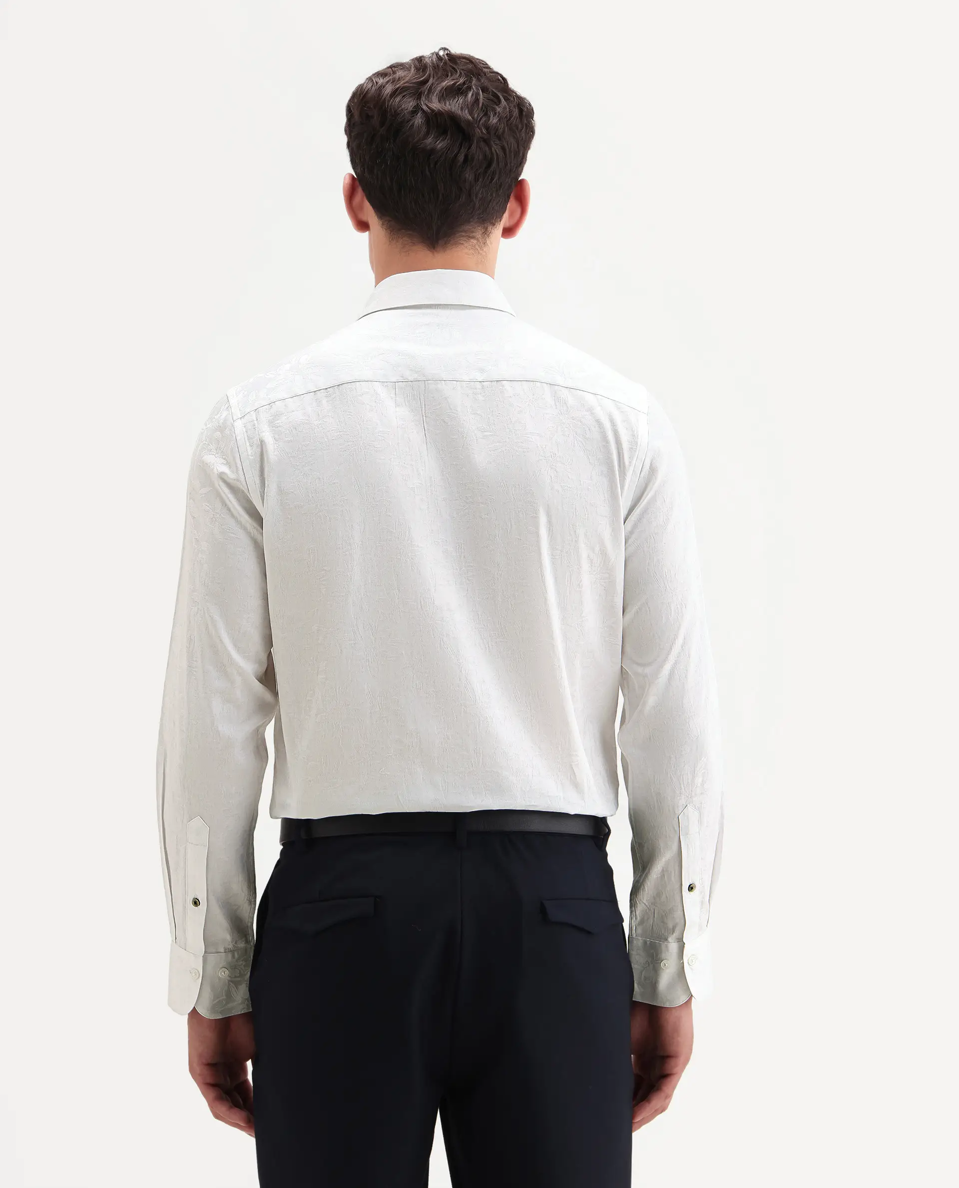 Rare Rabbit Men's Bedale White Cotton Fabric Spread Collar Regular Fit Jacquard Shirt - Image 7