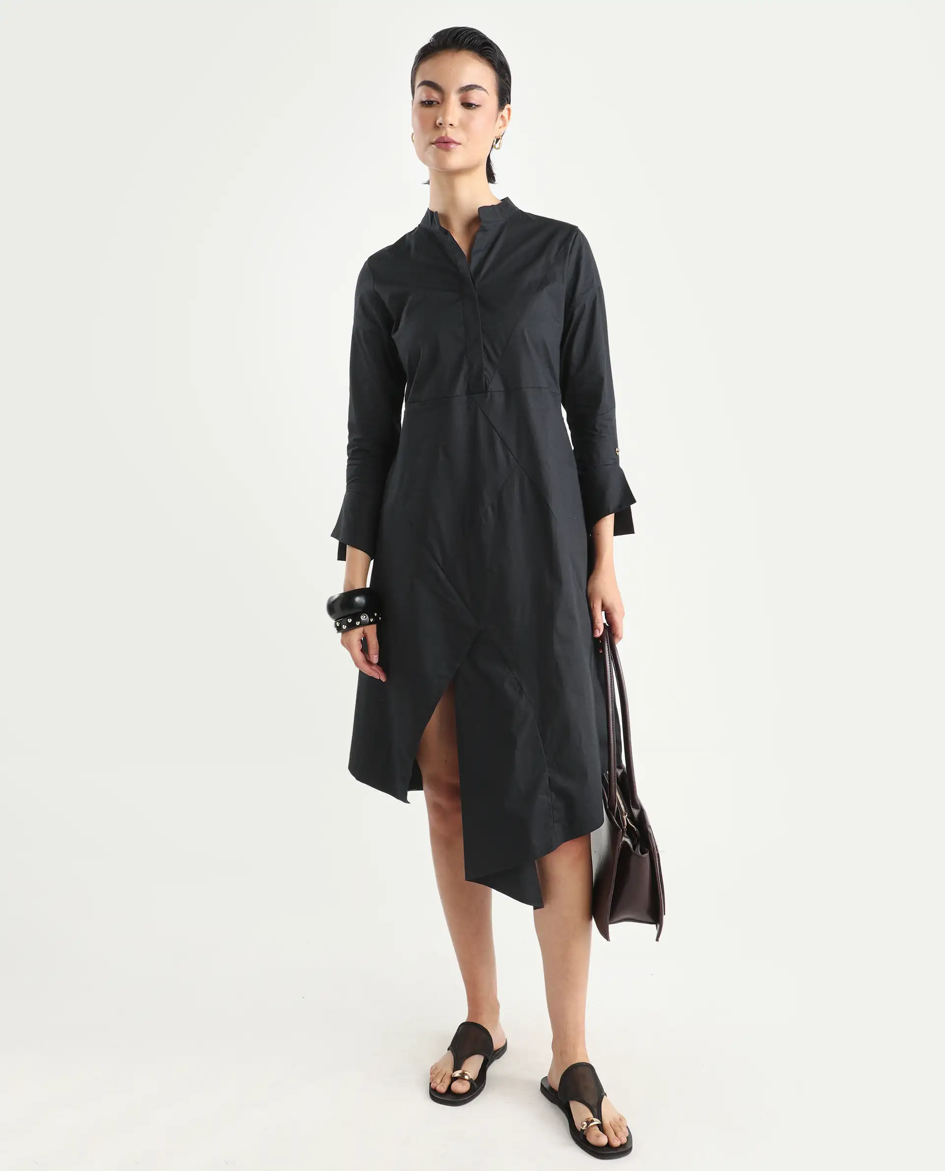 Rareism Women's Beetal Black Polyester Blend Mandarin Collar Plain Cuffed Sleeve Midi Regular Fit Dress - Image 2