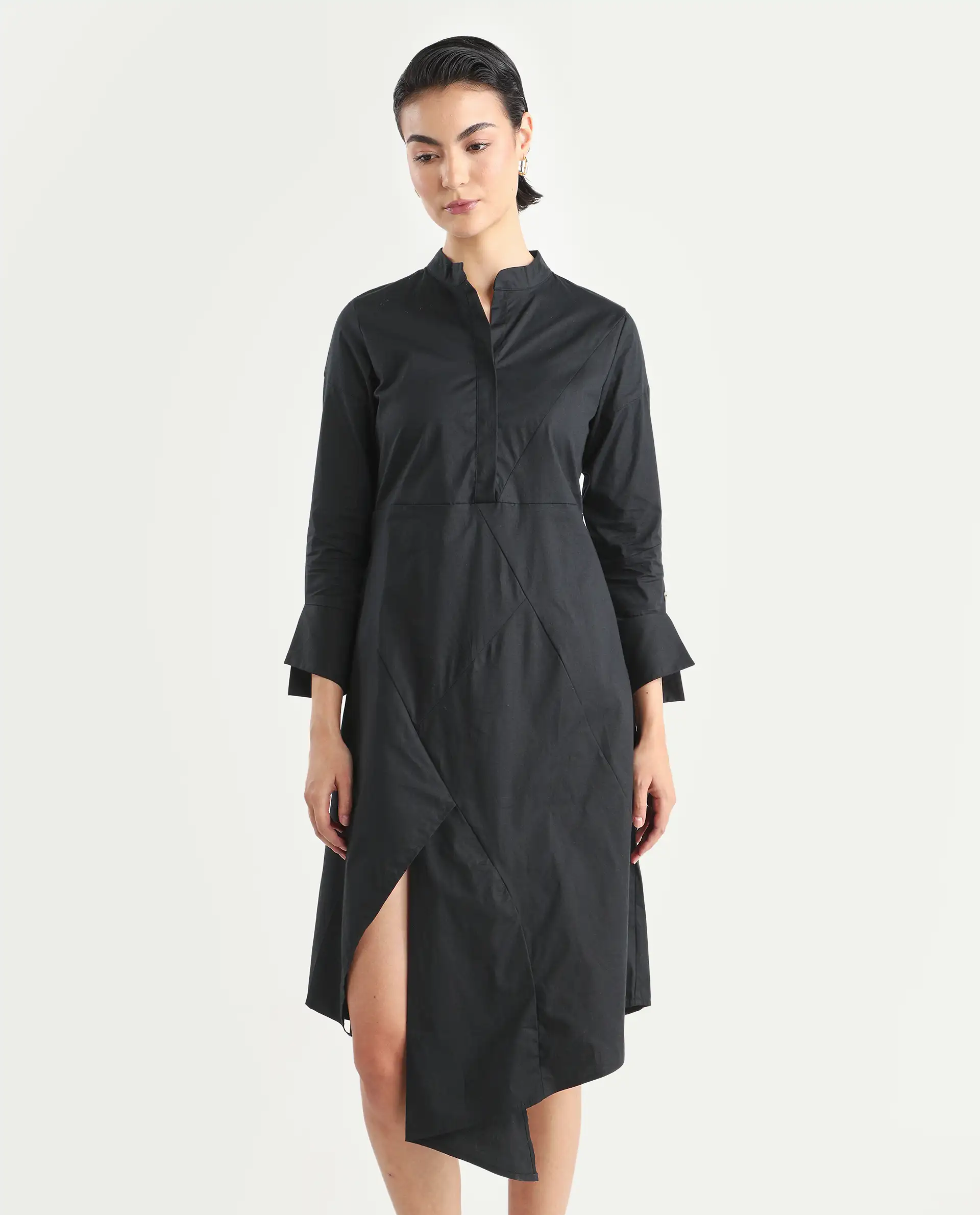 Rareism Women's Beetal Black Polyester Blend Mandarin Collar Plain Cuffed Sleeve Midi Regular Fit Dress - Image 3