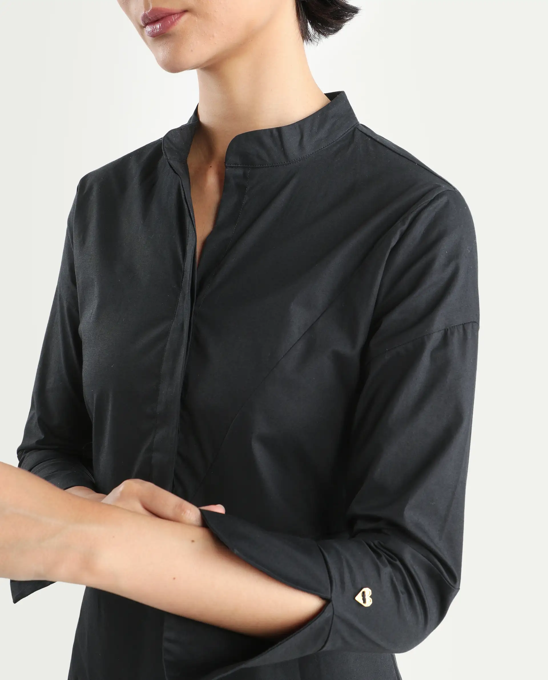 Rareism Women's Beetal Black Polyester Blend Mandarin Collar Plain Cuffed Sleeve Midi Regular Fit Dress - Image 4