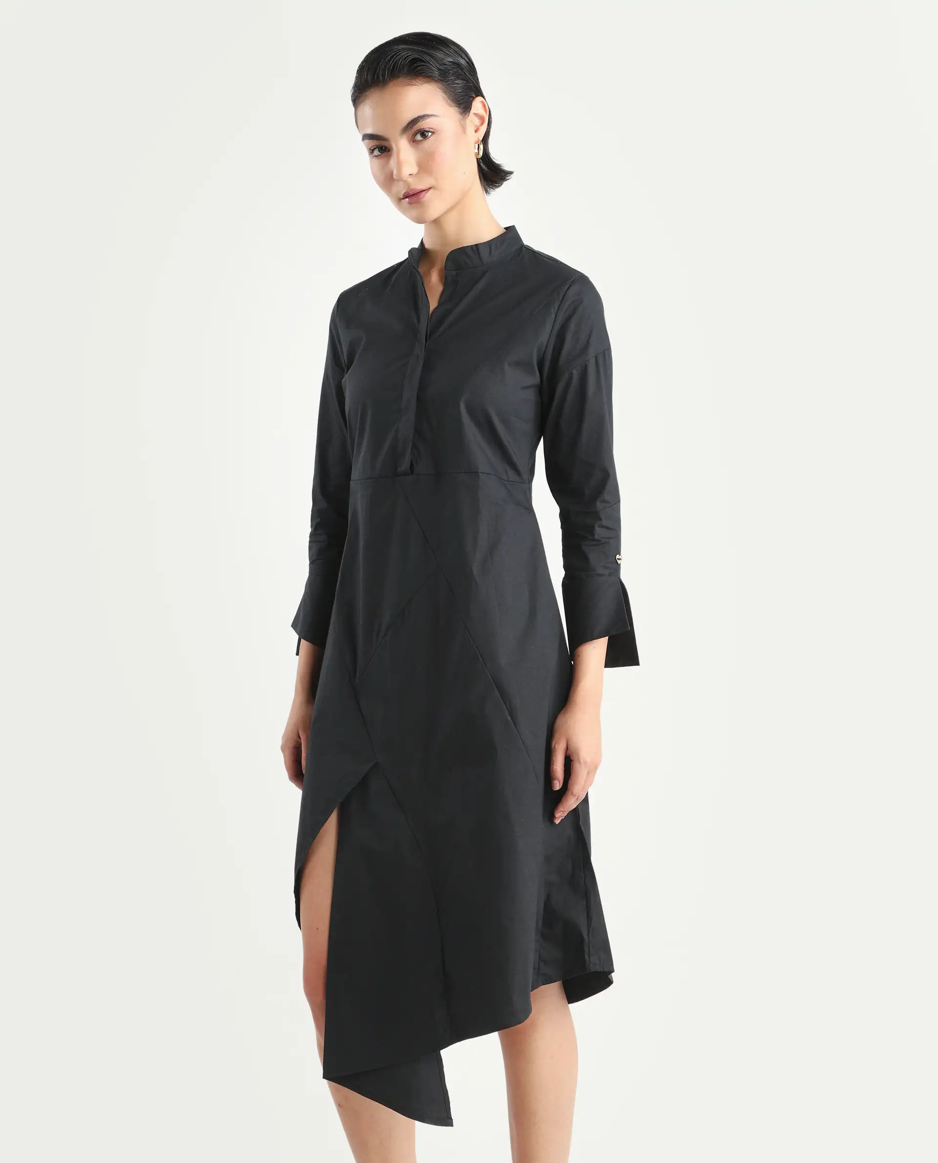 Rareism Women's Beetal Black Polyester Blend Mandarin Collar Plain Cuffed Sleeve Midi Regular Fit Dress - Image 5