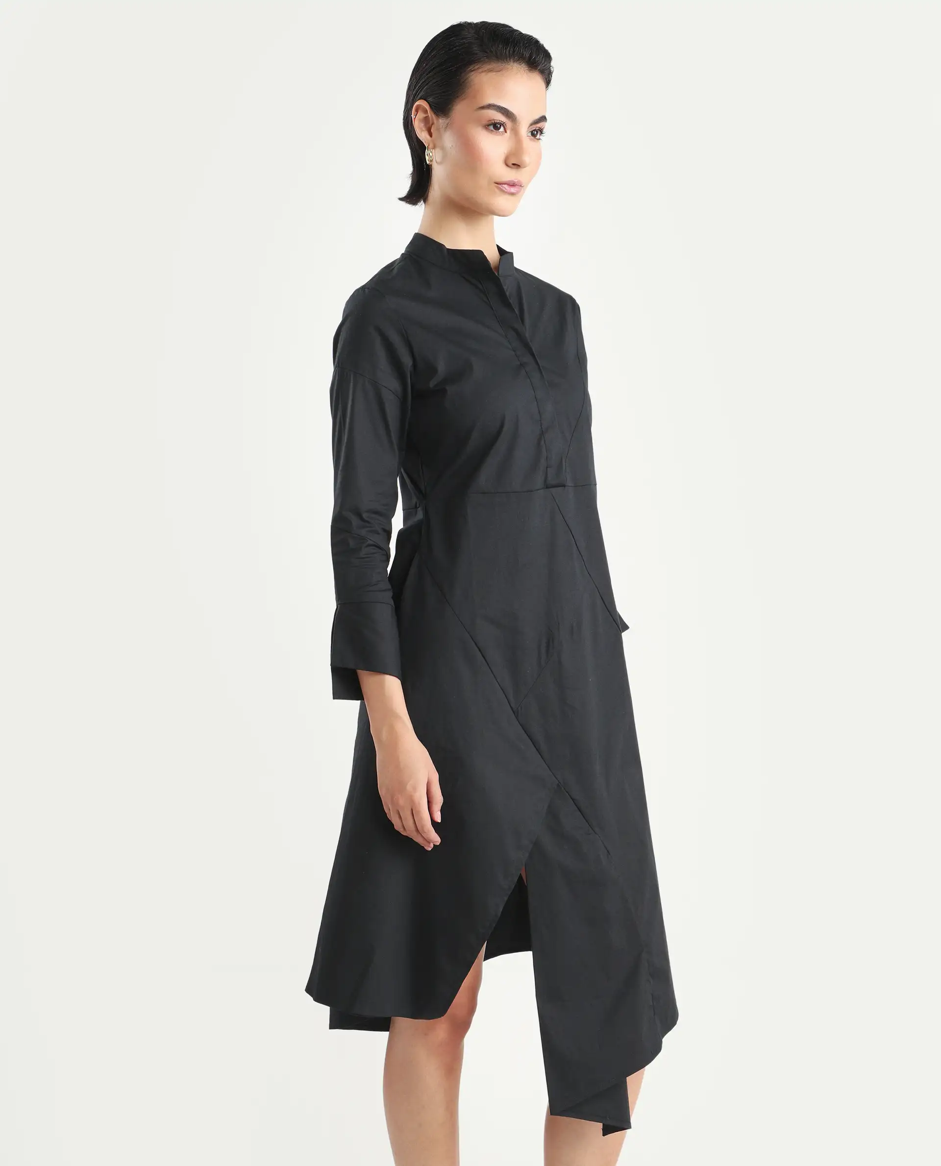 Rareism Women's Beetal Black Polyester Blend Mandarin Collar Plain Cuffed Sleeve Midi Regular Fit Dress - Image 6