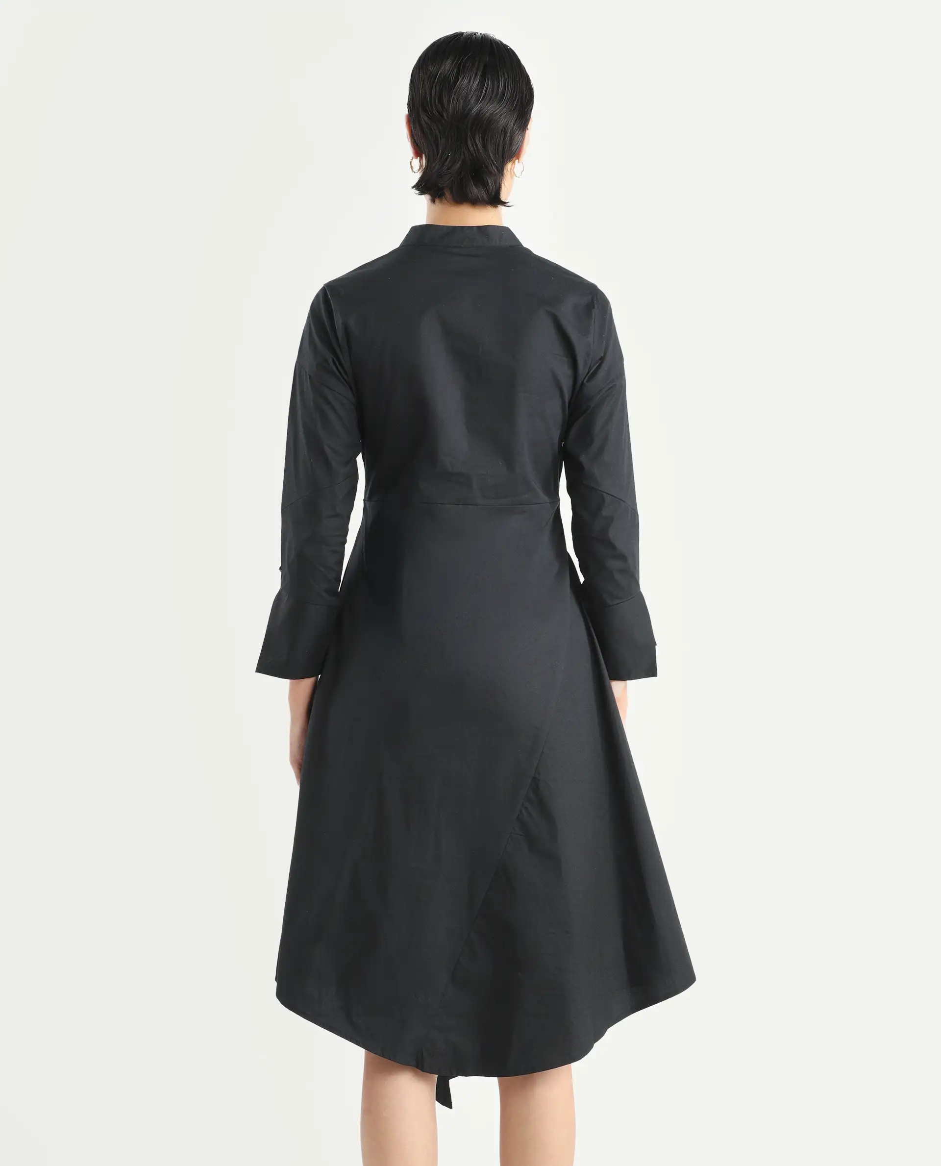 Rareism Women's Beetal Black Polyester Blend Mandarin Collar Plain Cuffed Sleeve Midi Regular Fit Dress - Image 7