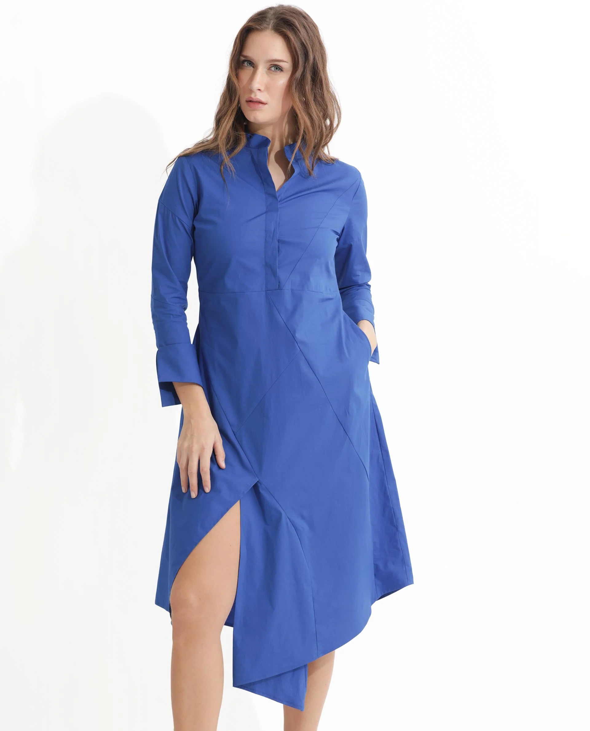 Rareism Women's Beetal Blue Polyester Blend Mandarin Collar Plain Cuffed Sleeve Midi Regular Fit Dress