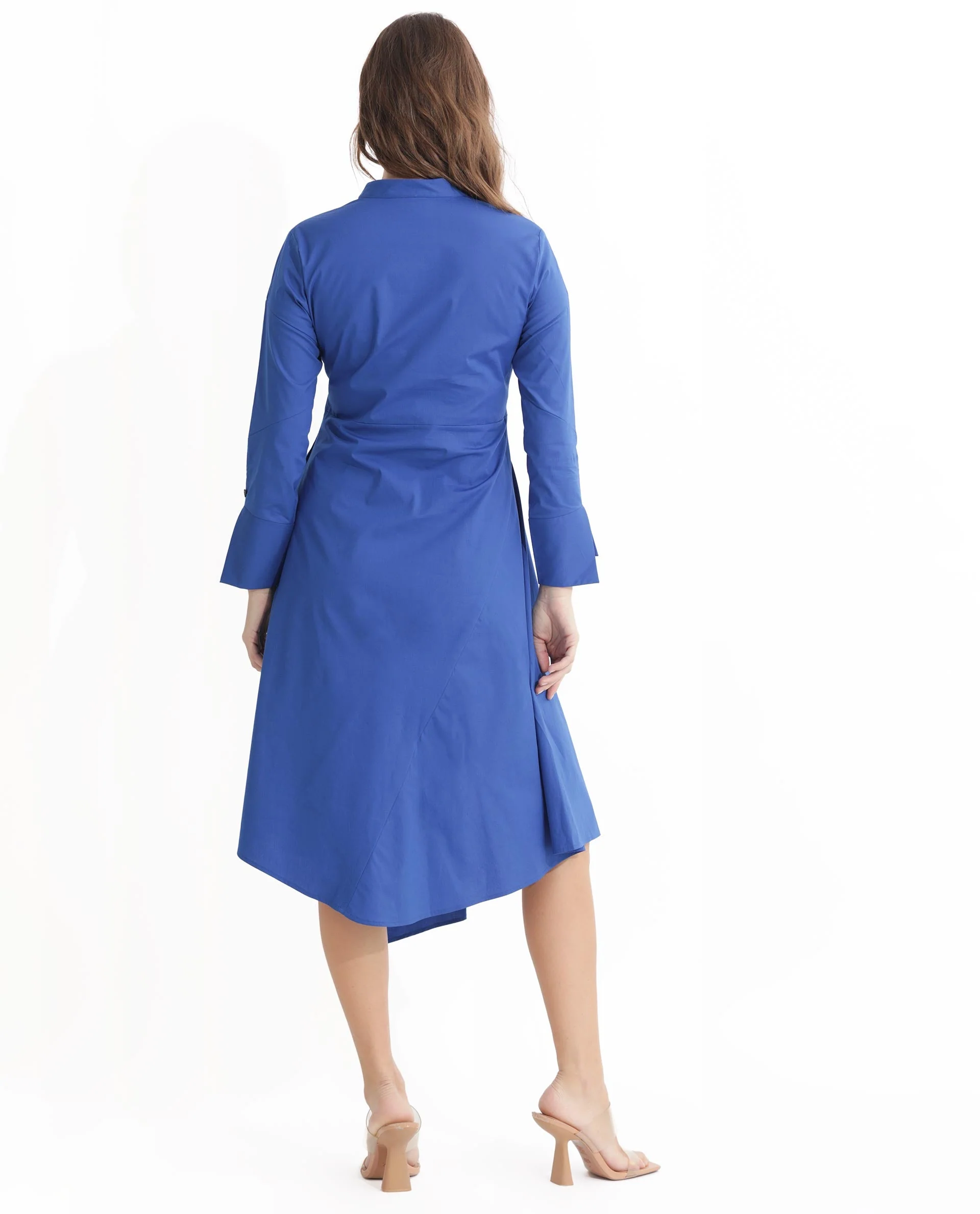 Rareism Women's Beetal Blue Polyester Blend Mandarin Collar Plain Cuffed Sleeve Midi Regular Fit Dress - Image 11