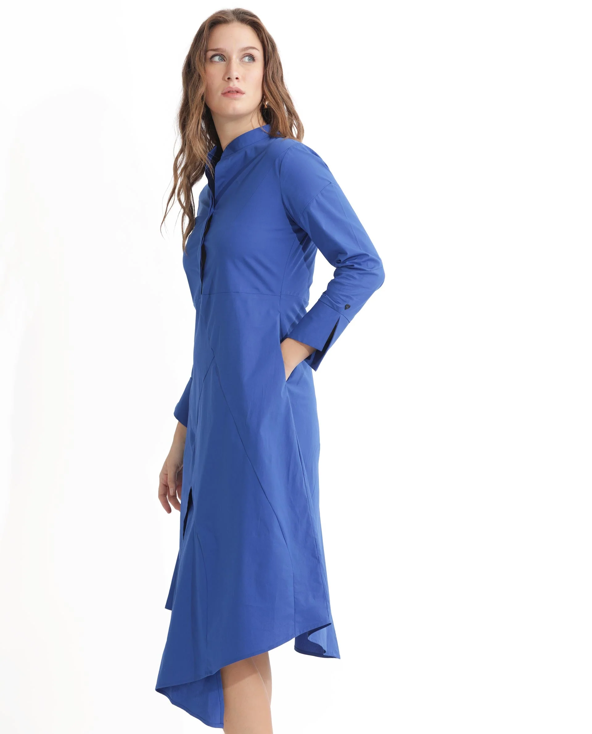 Rareism Women's Beetal Blue Polyester Blend Mandarin Collar Plain Cuffed Sleeve Midi Regular Fit Dress - Image 12