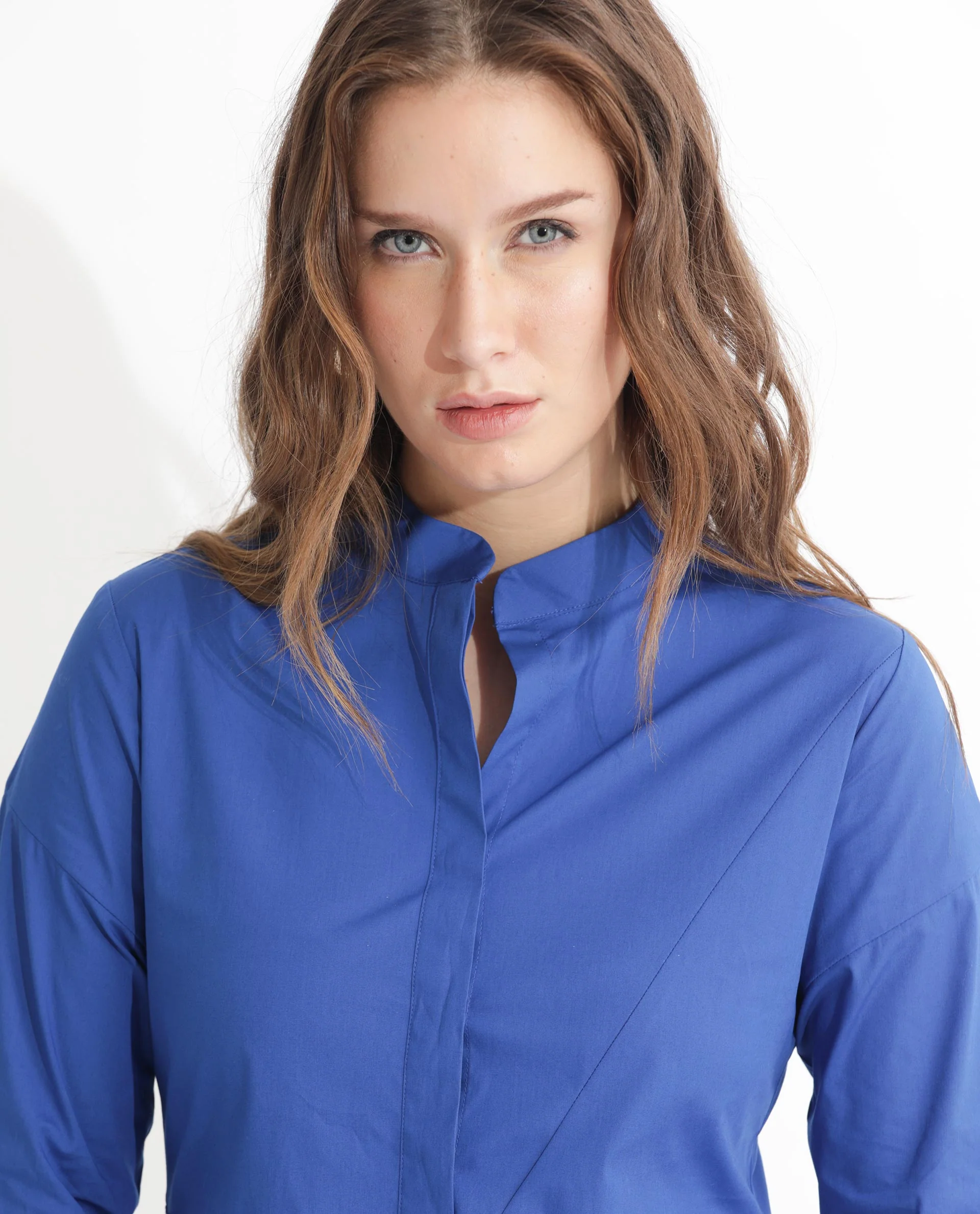 Rareism Women's Beetal Blue Polyester Blend Mandarin Collar Plain Cuffed Sleeve Midi Regular Fit Dress - Image 2
