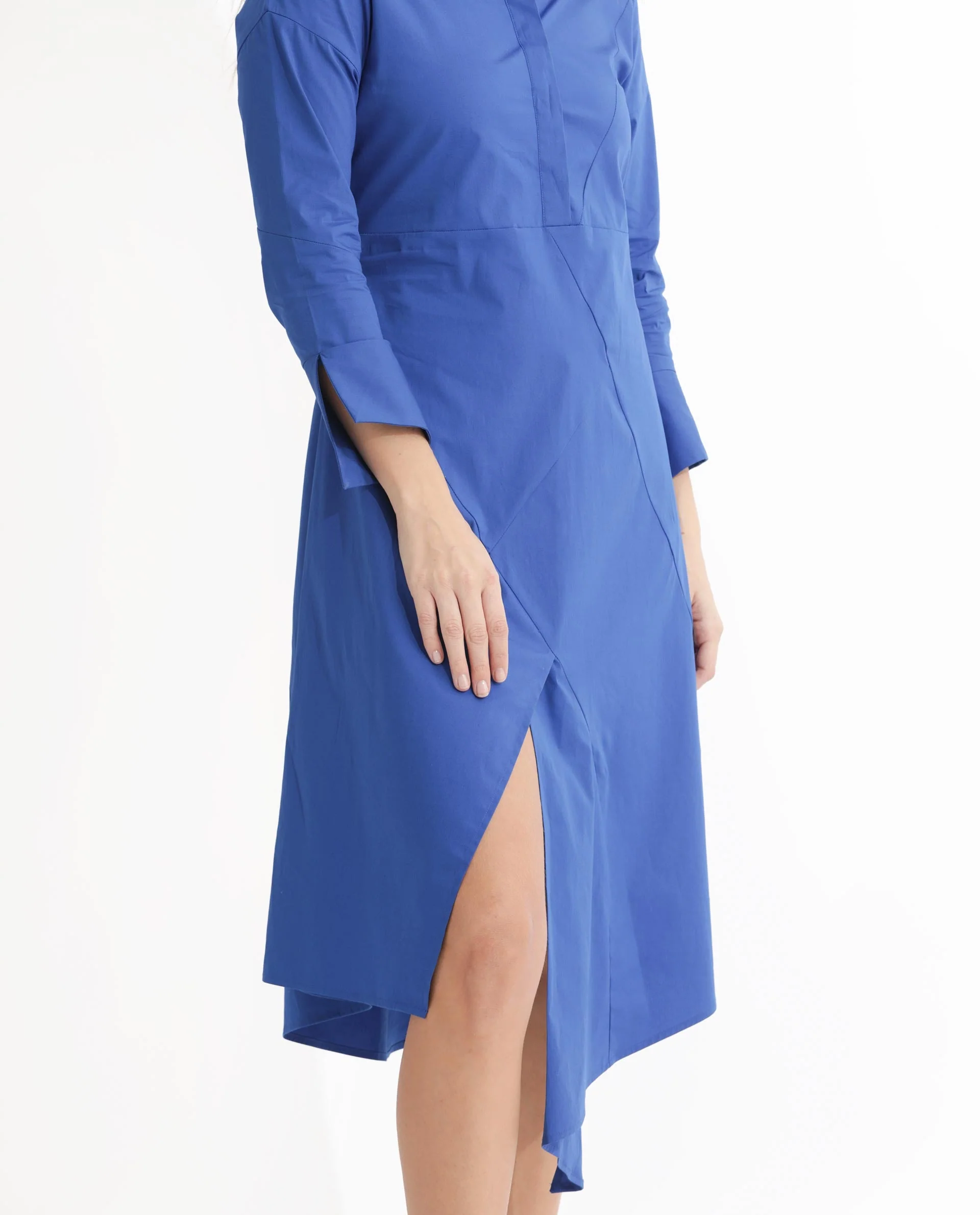Rareism Women's Beetal Blue Polyester Blend Mandarin Collar Plain Cuffed Sleeve Midi Regular Fit Dress - Image 4