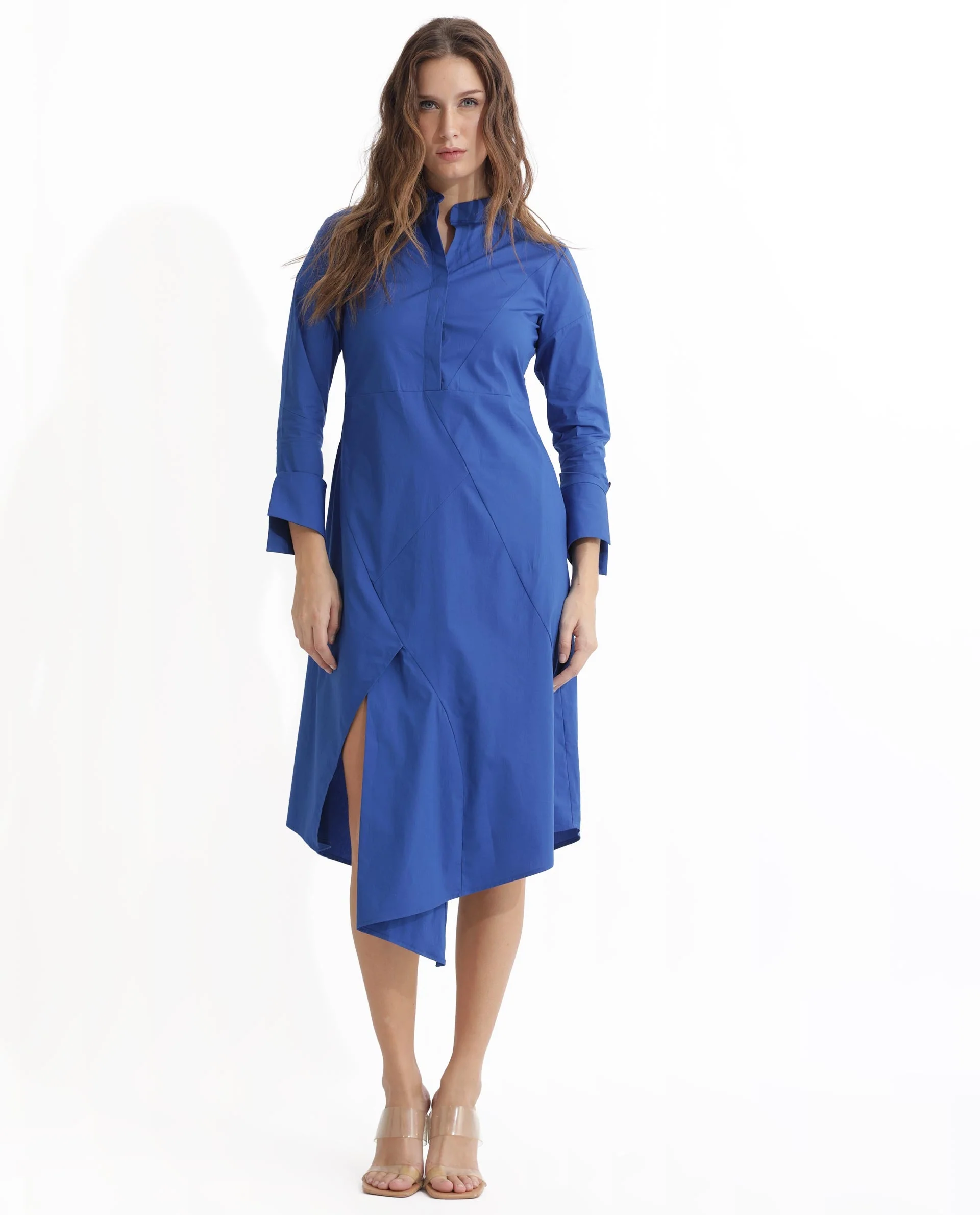Rareism Women's Beetal Blue Polyester Blend Mandarin Collar Plain Cuffed Sleeve Midi Regular Fit Dress - Image 6