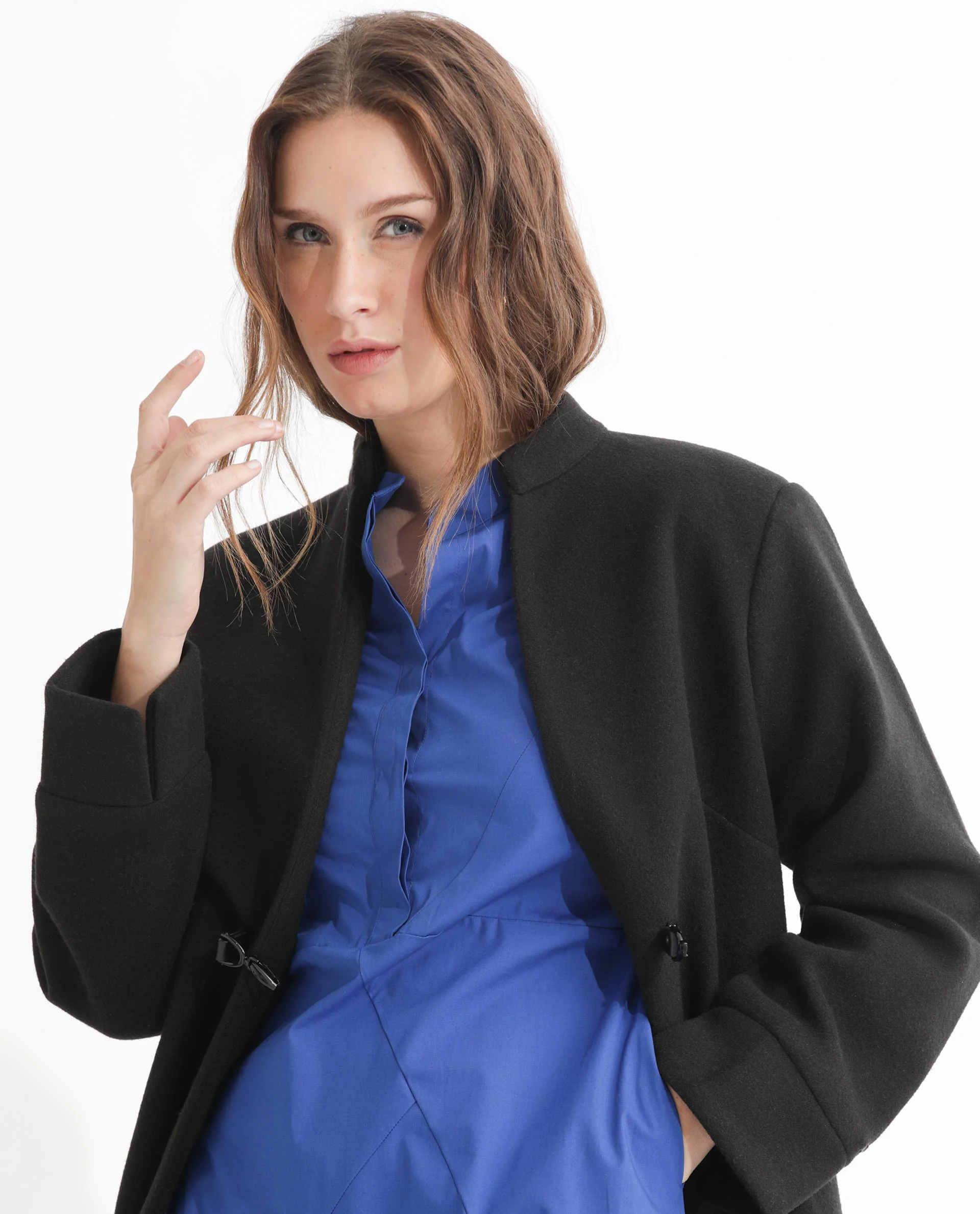 Rareism Women's Beetal Blue Polyester Blend Mandarin Collar Plain Cuffed Sleeve Midi Regular Fit Dress - Image 7