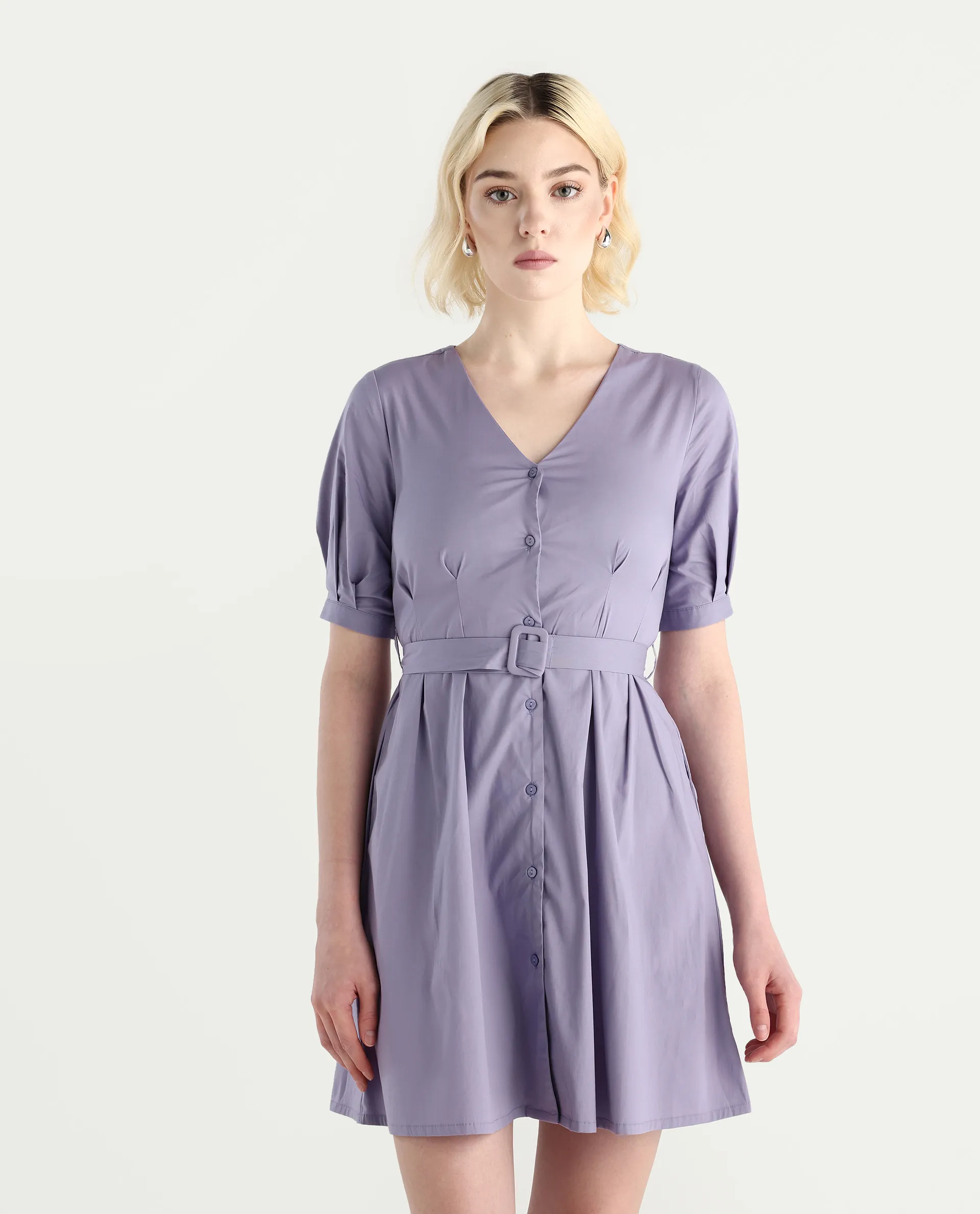 Rareism Women's Beew Dusky Purple Cotton Blend V-Neck Plain Bishop Sleeve Mini Fit And Flare Dress - Image 3