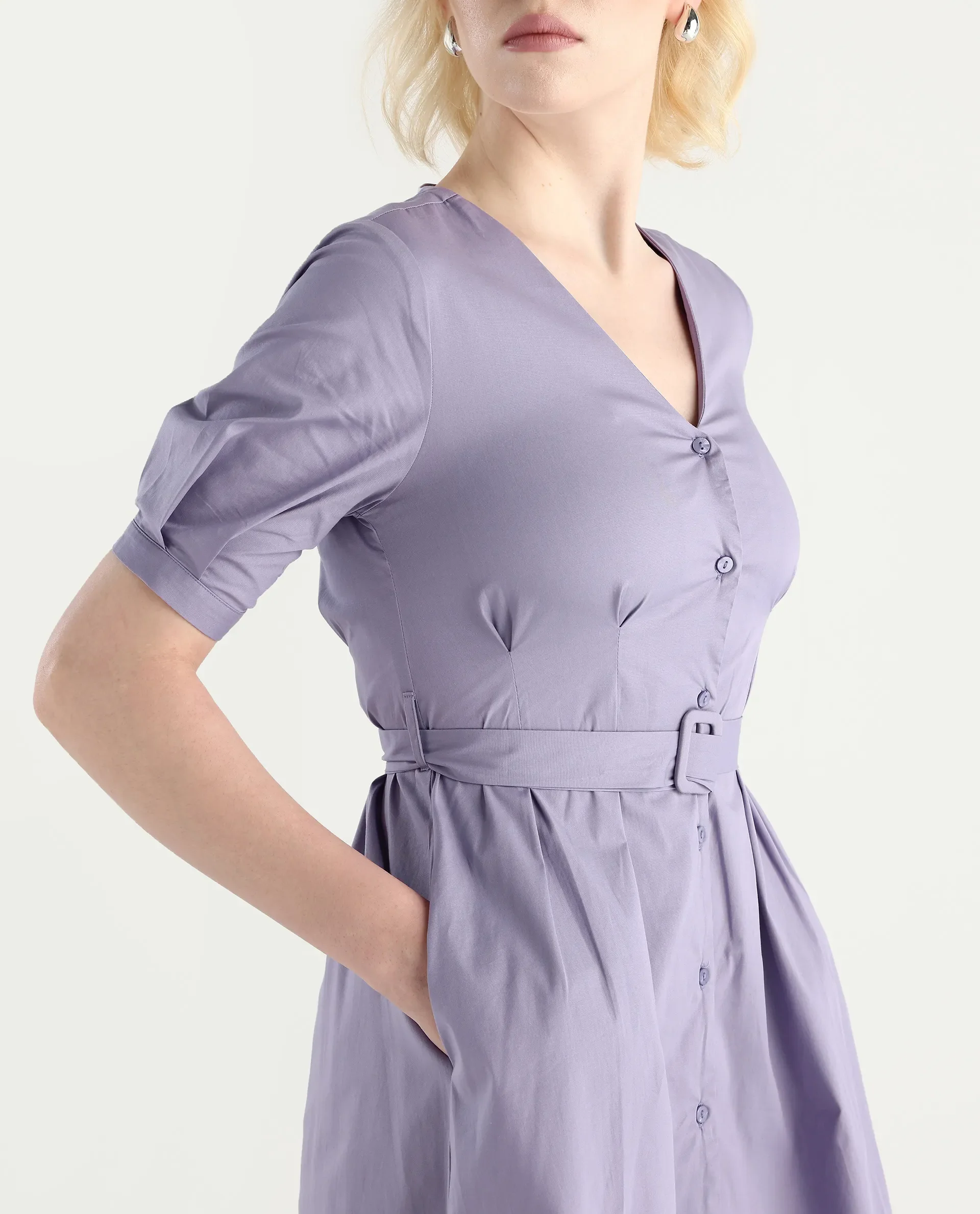 Rareism Women's Beew Dusky Purple Cotton Blend V-Neck Plain Bishop Sleeve Mini Fit And Flare Dress - Image 4