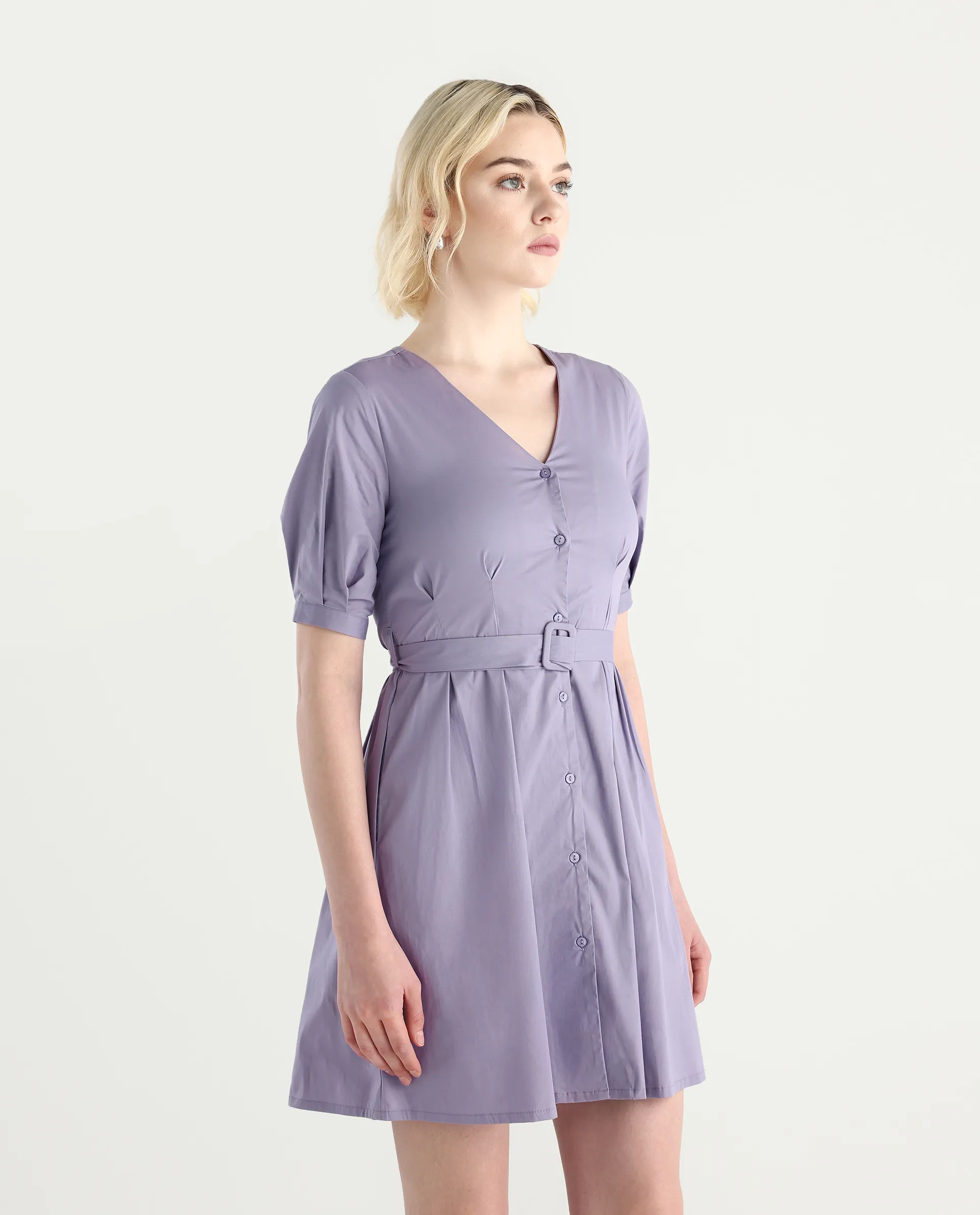 Rareism Women's Beew Dusky Purple Cotton Blend V-Neck Plain Bishop Sleeve Mini Fit And Flare Dress - Image 5