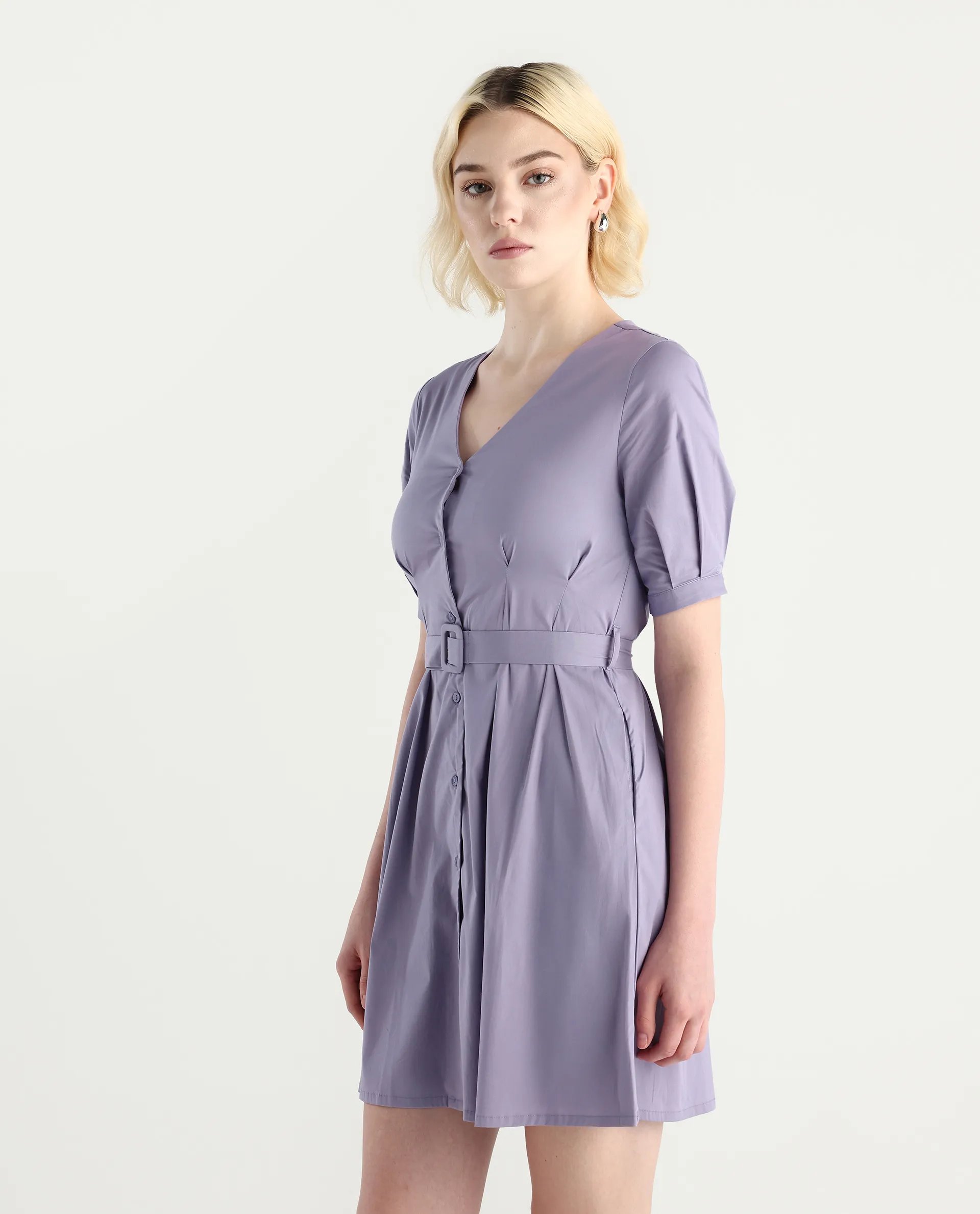 Rareism Women's Beew Dusky Purple Cotton Blend V-Neck Plain Bishop Sleeve Mini Fit And Flare Dress - Image 6