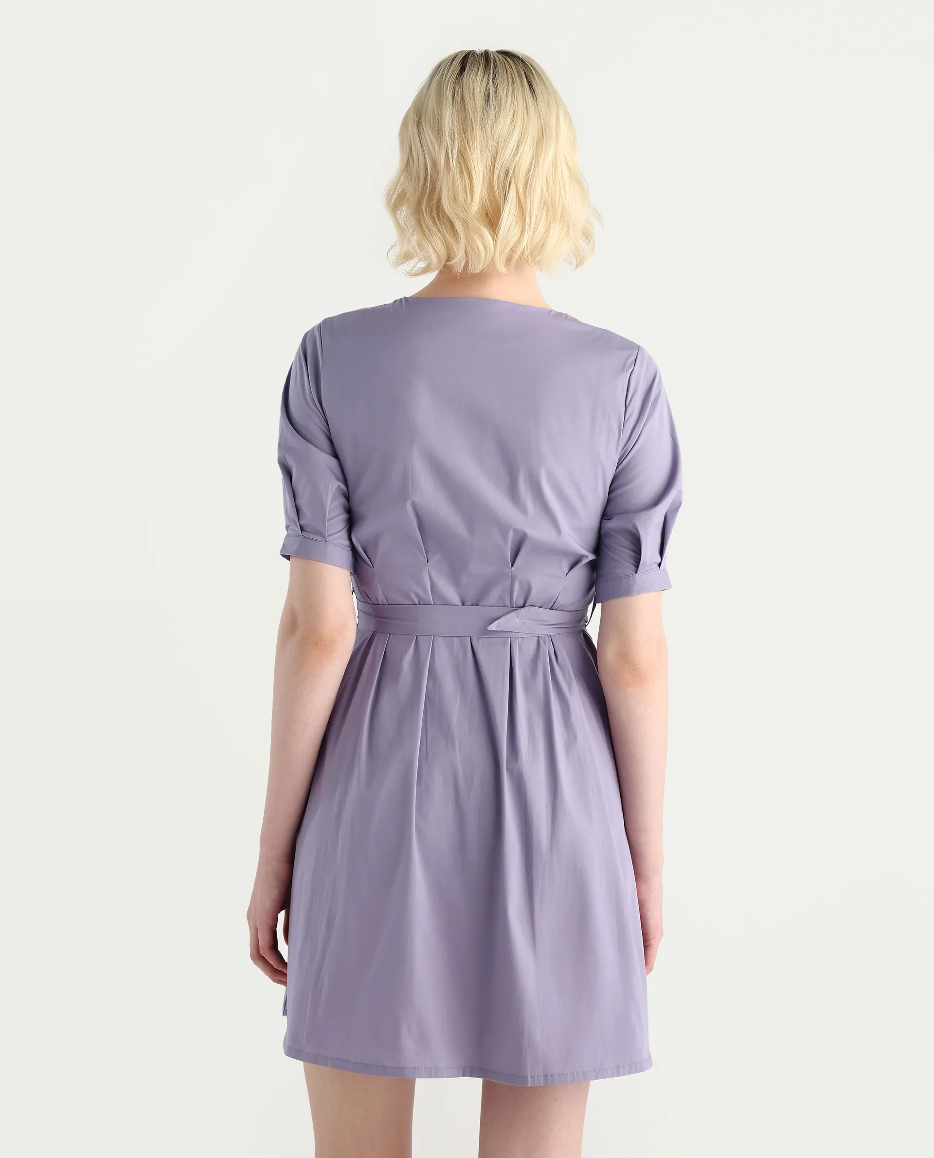 Rareism Women's Beew Dusky Purple Cotton Blend V-Neck Plain Bishop Sleeve Mini Fit And Flare Dress - Image 7